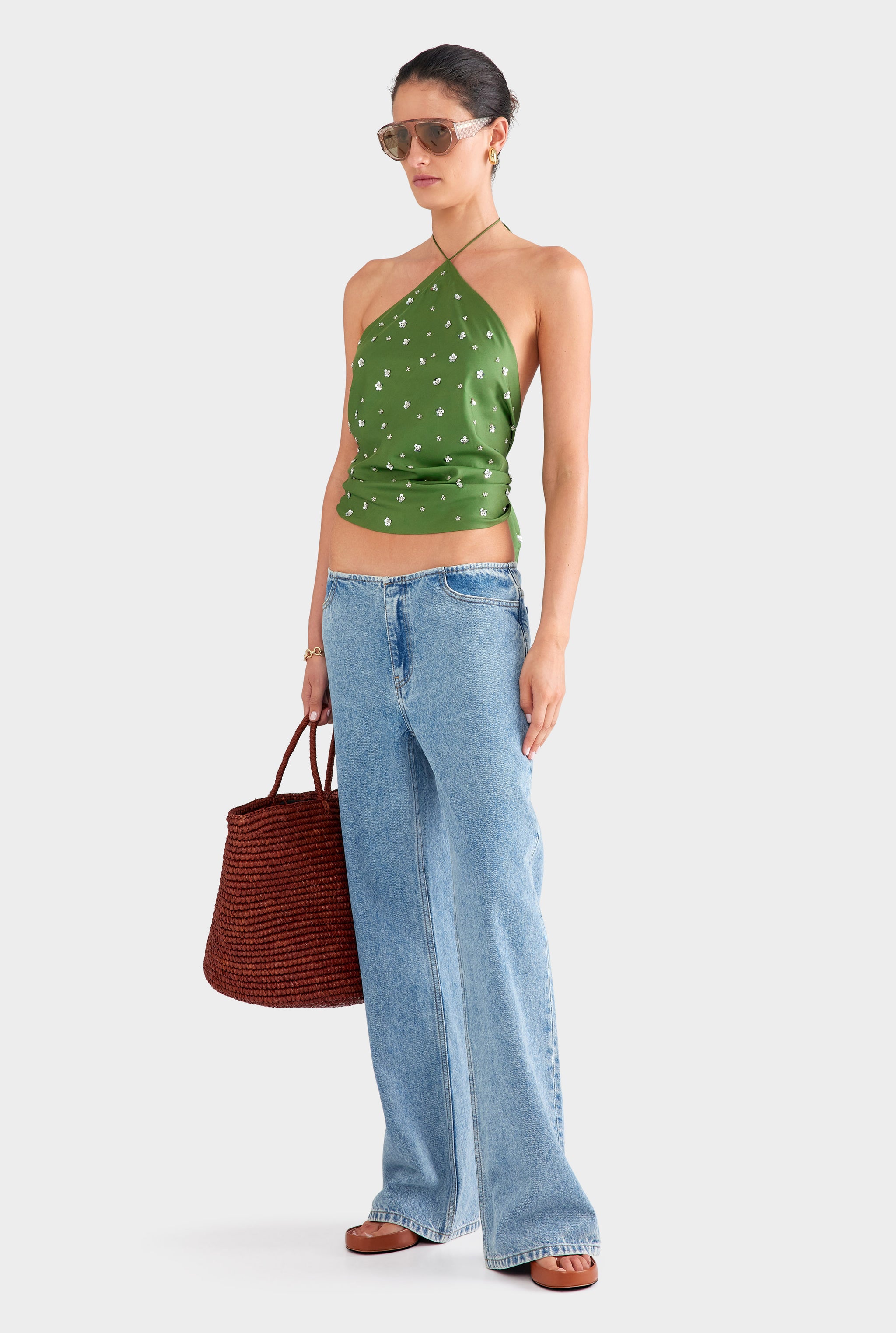 Beaded Silk Halter Scarf Top - Ivy Green/Beading