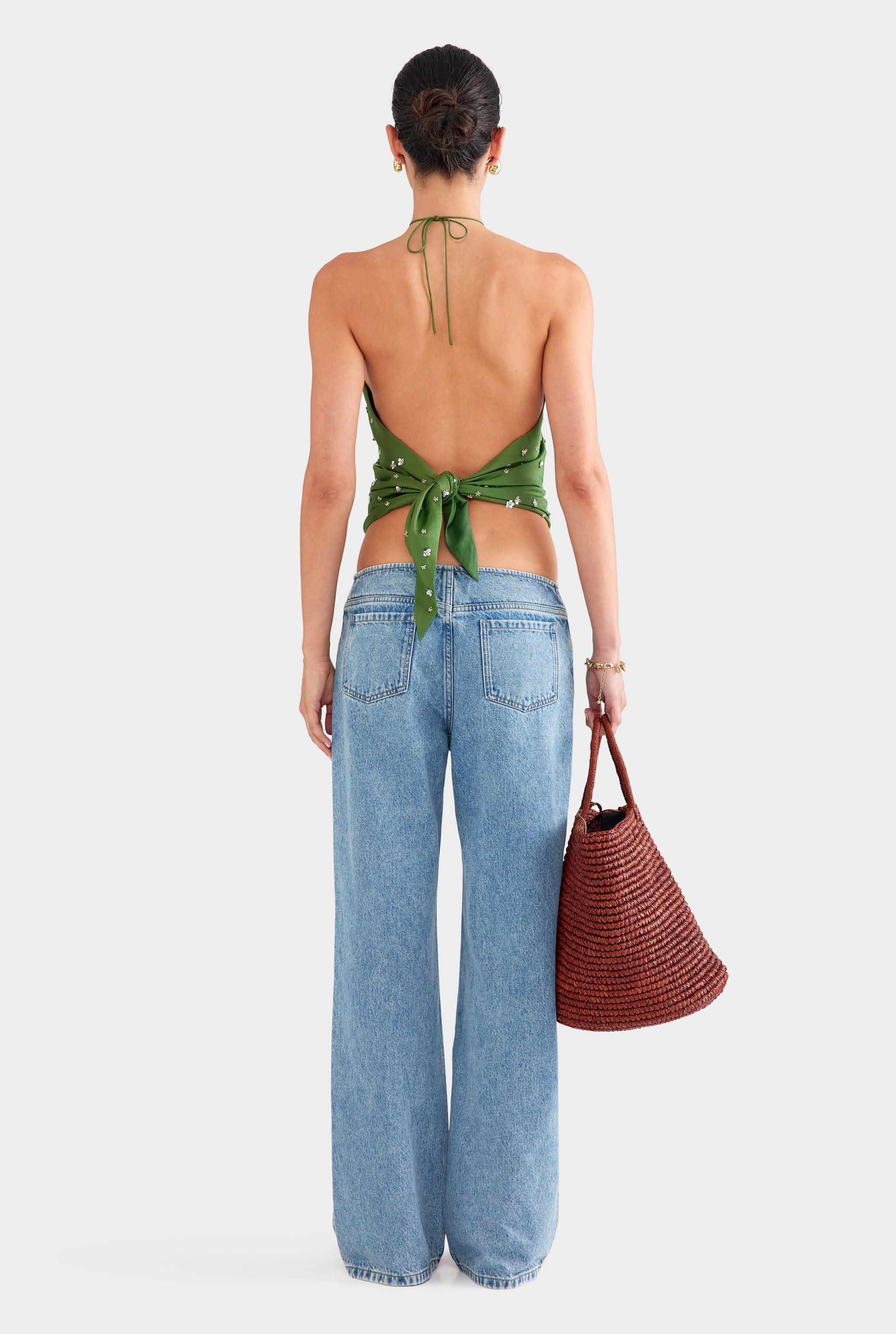 Beaded Silk Halter Scarf Top - Ivy Green/Beading