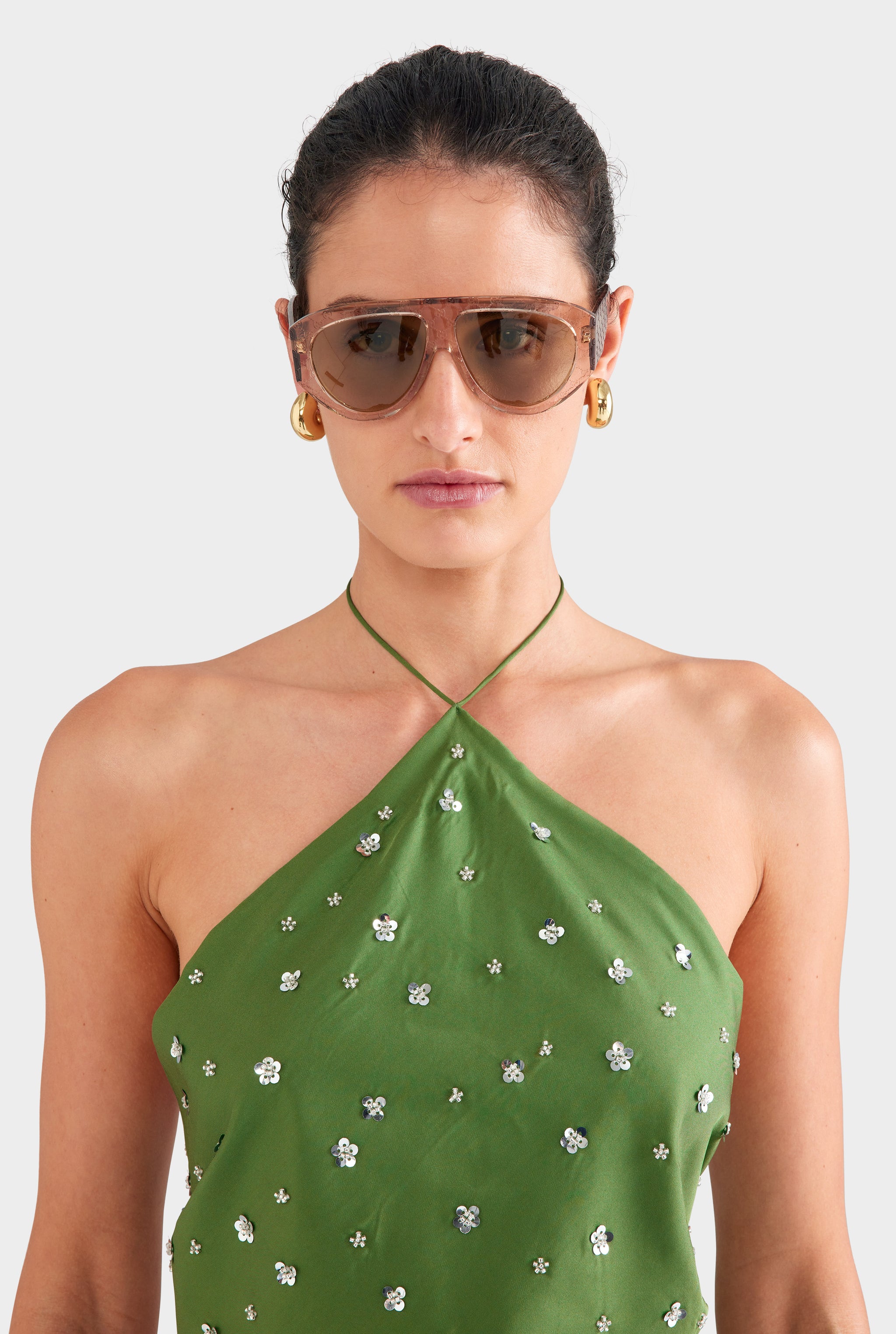 Beaded Silk Halter Scarf Top - Ivy Green/Beading