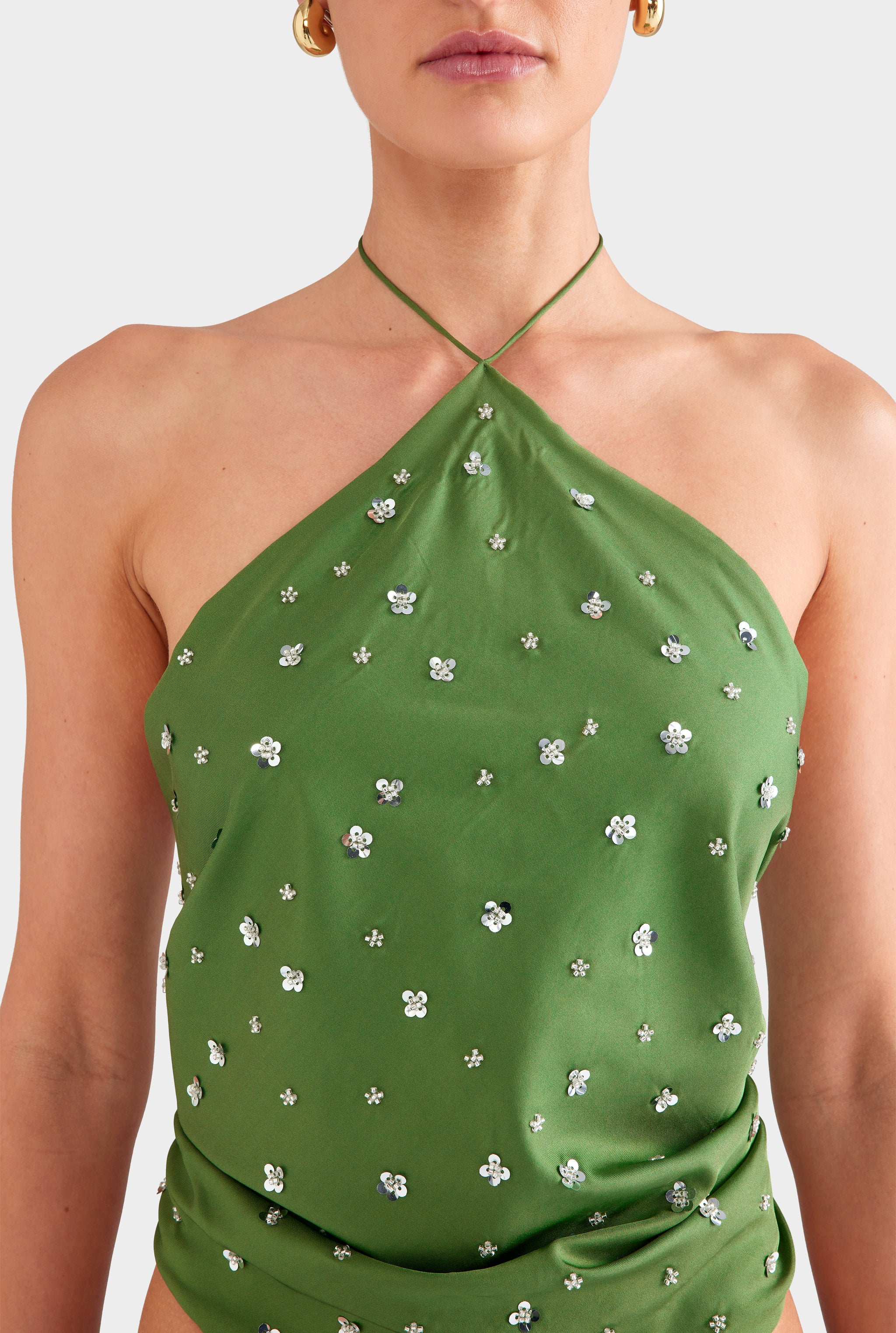 Beaded Silk Halter Scarf Top - Ivy Green/Beading