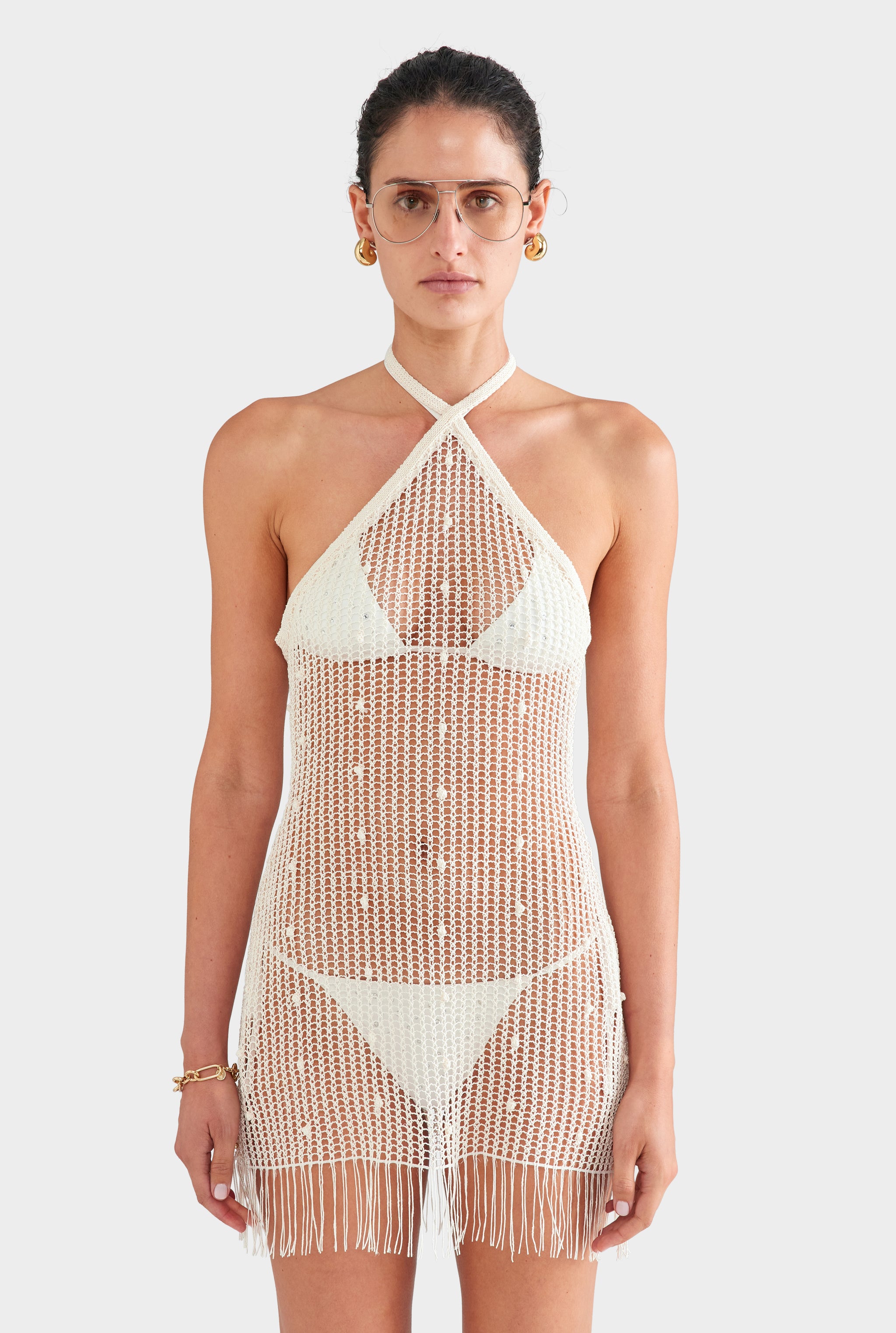 Cord Crochet Halter Mini Dress - Off White