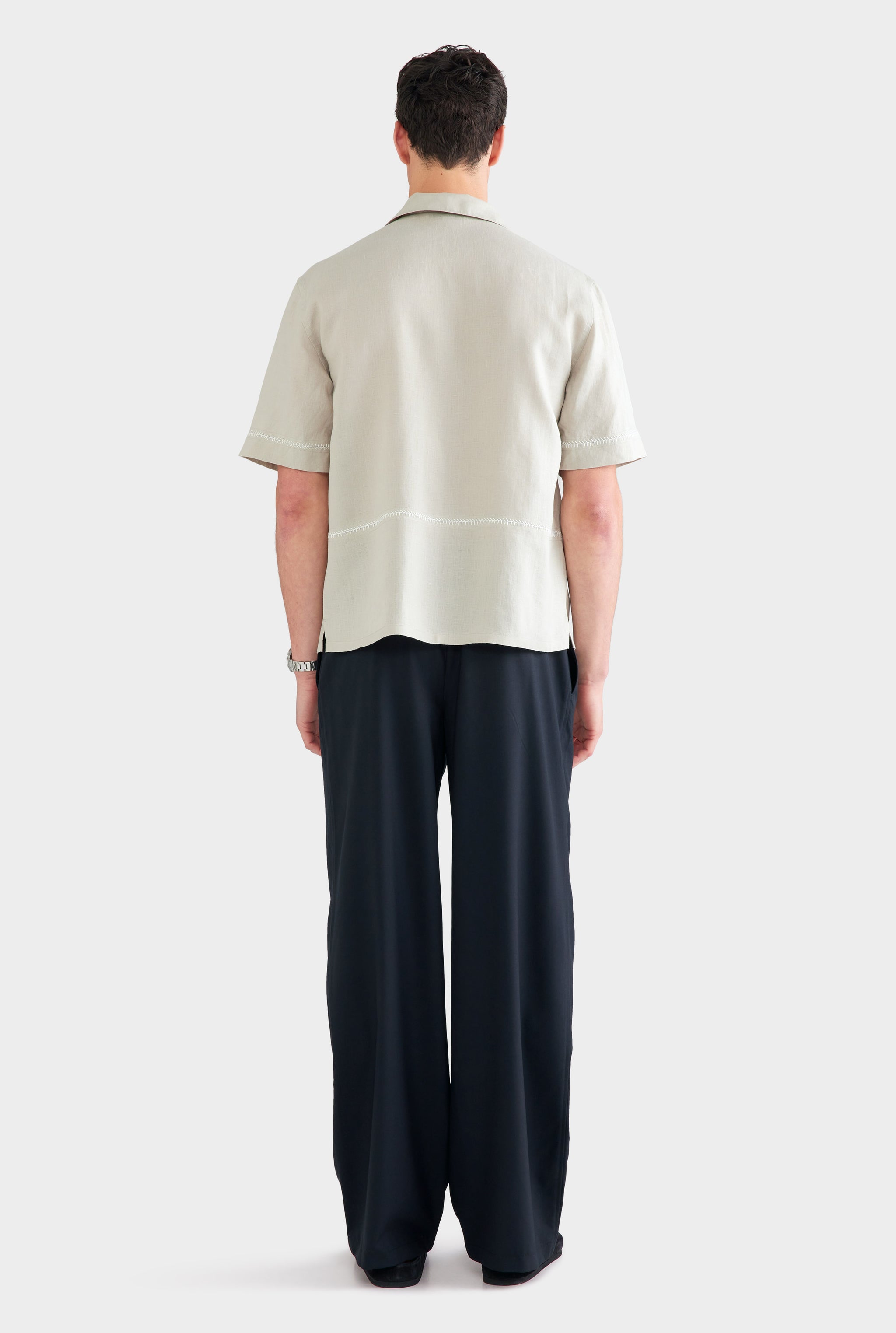 Crochet Stitch Linen Camp Collar Shirt - Fog/White