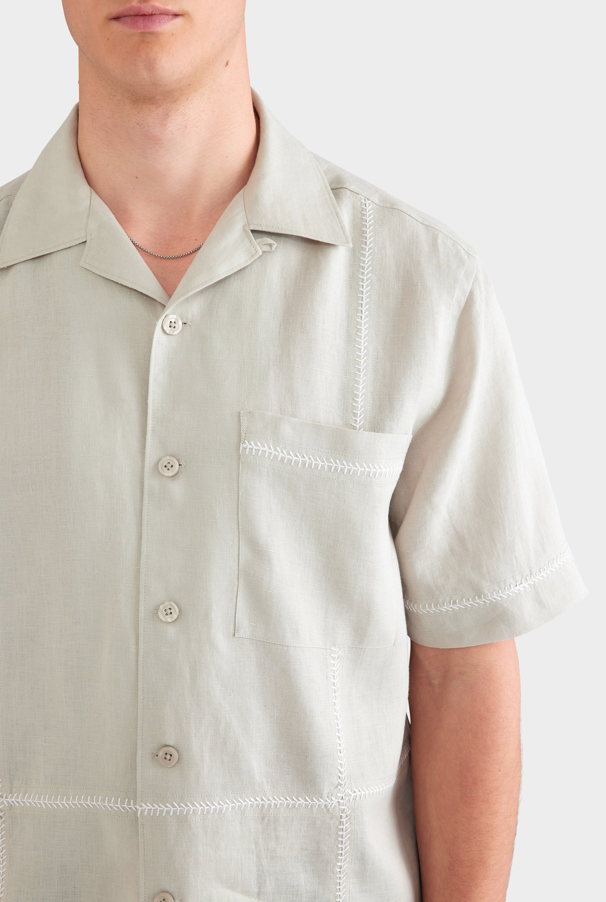 Crochet Stitch Linen Camp Collar Shirt - Fog/White