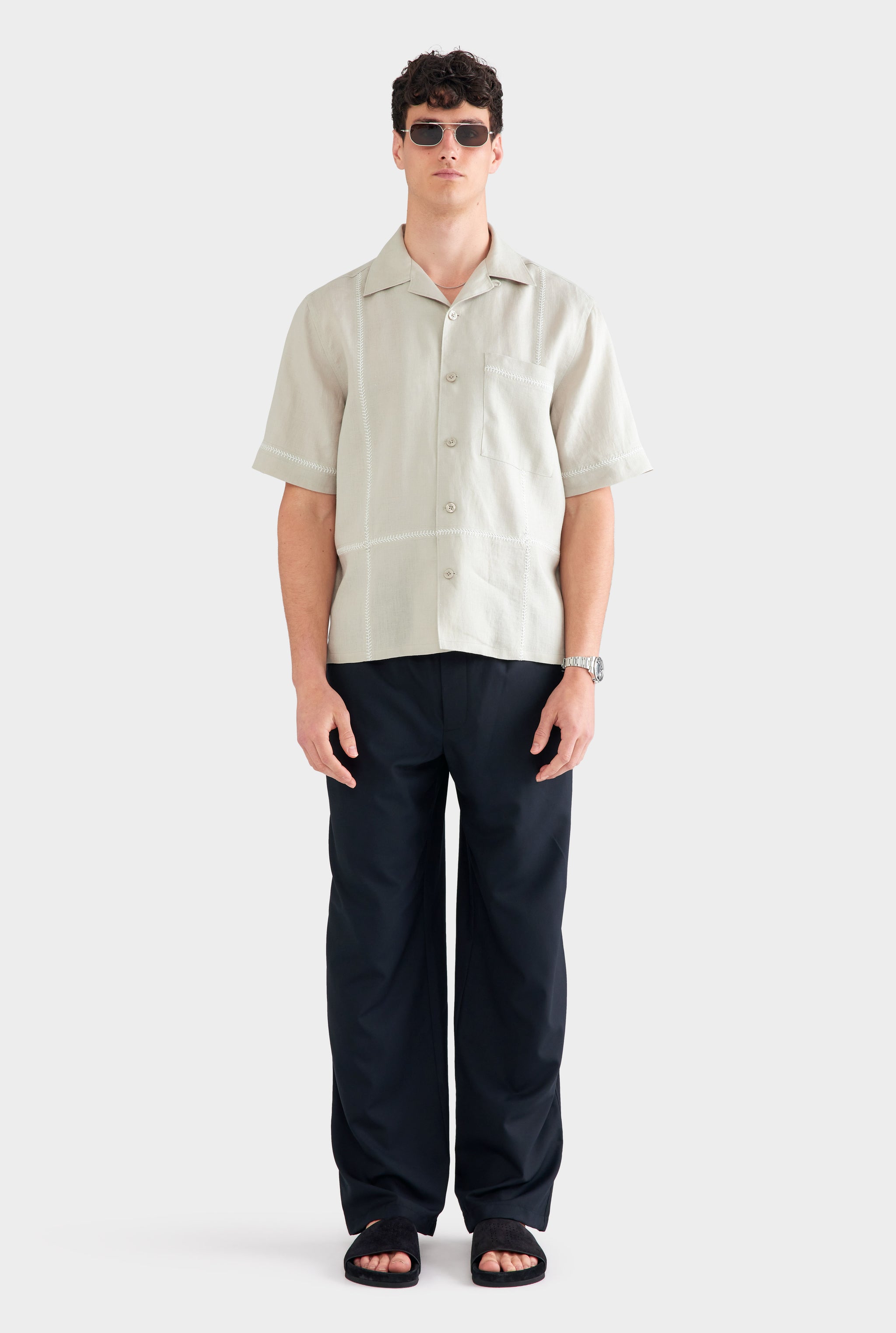 Crochet Stitch Linen Camp Collar Shirt - Fog/White