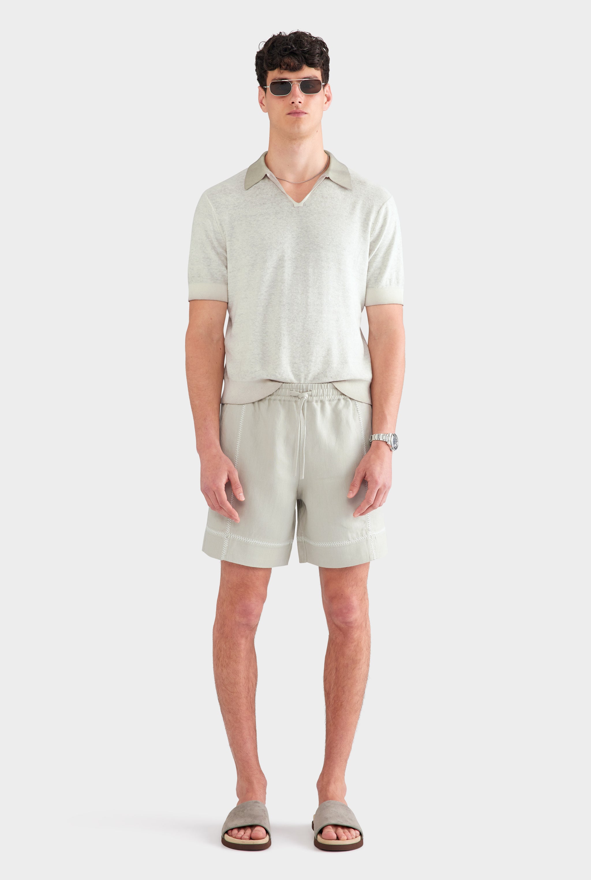 Crochet Stitch Linen Short - Fog/White