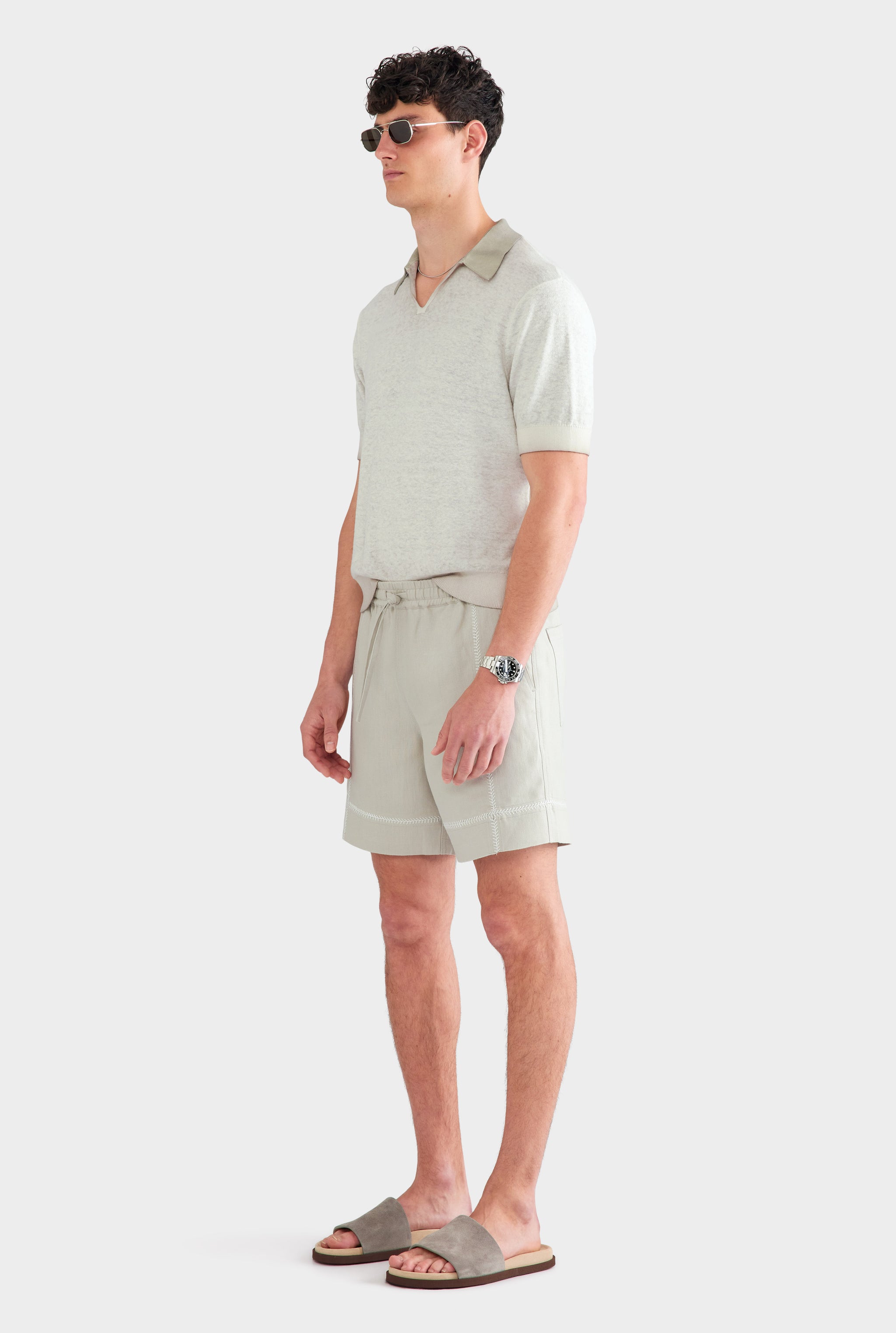Crochet Stitch Linen Short - Fog/White