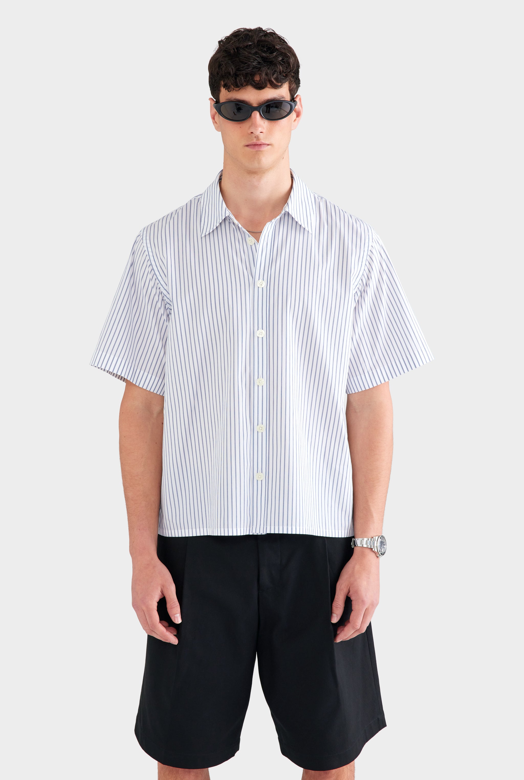 Oversized Stripe Short Sleeve Shirt - White/Navy Stripe