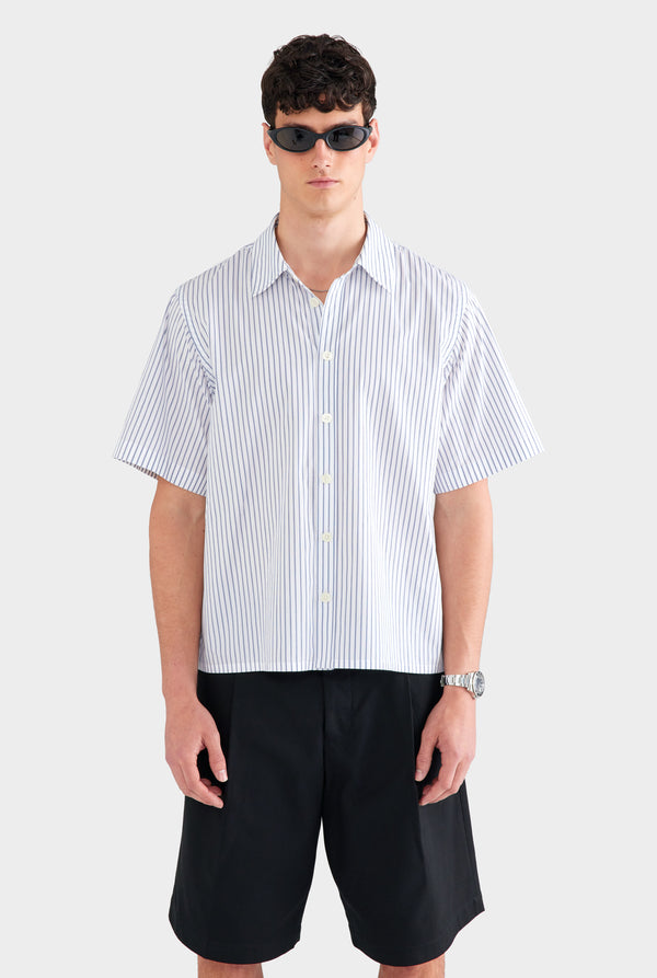 Oversized Stripe Short Sleeve Shirt - White/Navy Stripe