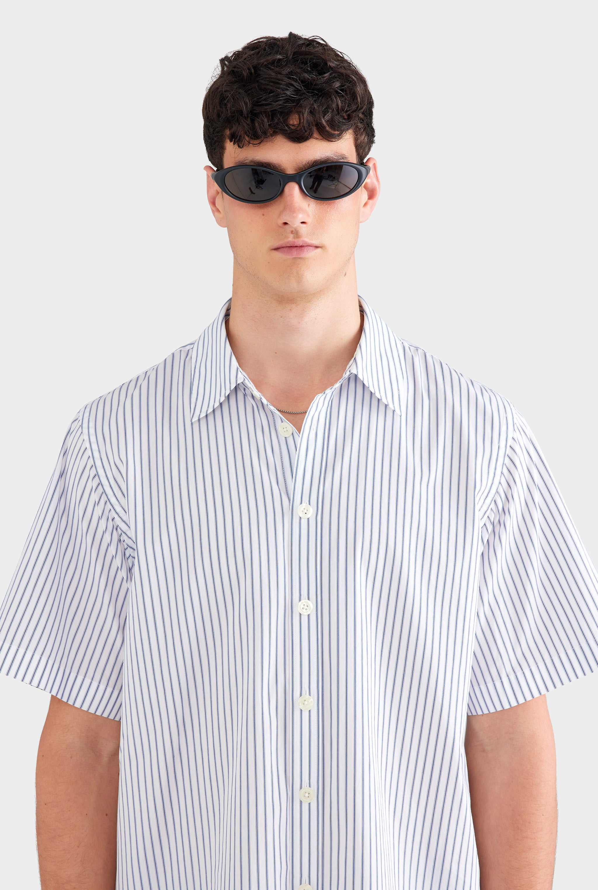 Oversized Stripe Short Sleeve Shirt - White/Navy Stripe