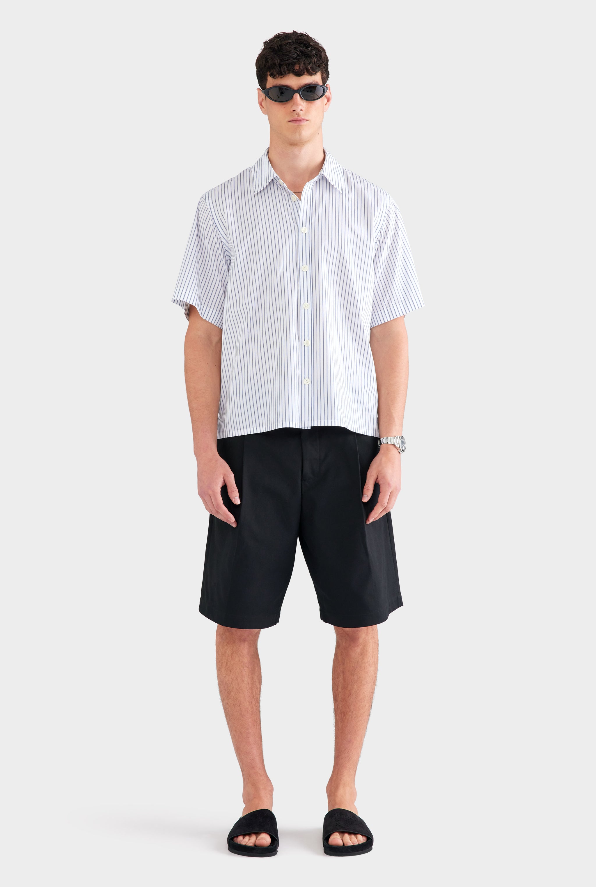 Oversized Stripe Short Sleeve Shirt - White/Navy Stripe