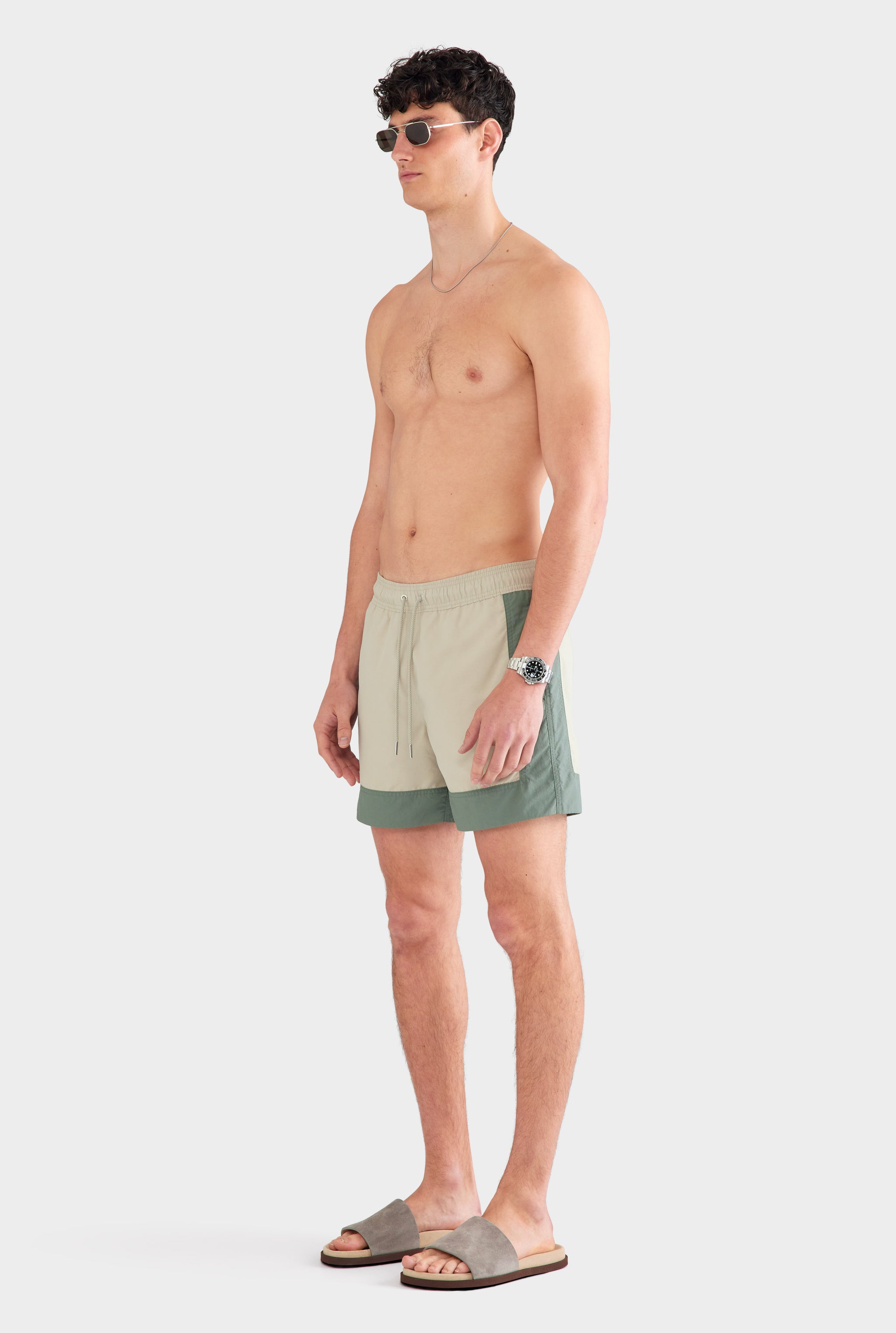 Panelled Border Swim Short - Olive Taupe/Moss Green