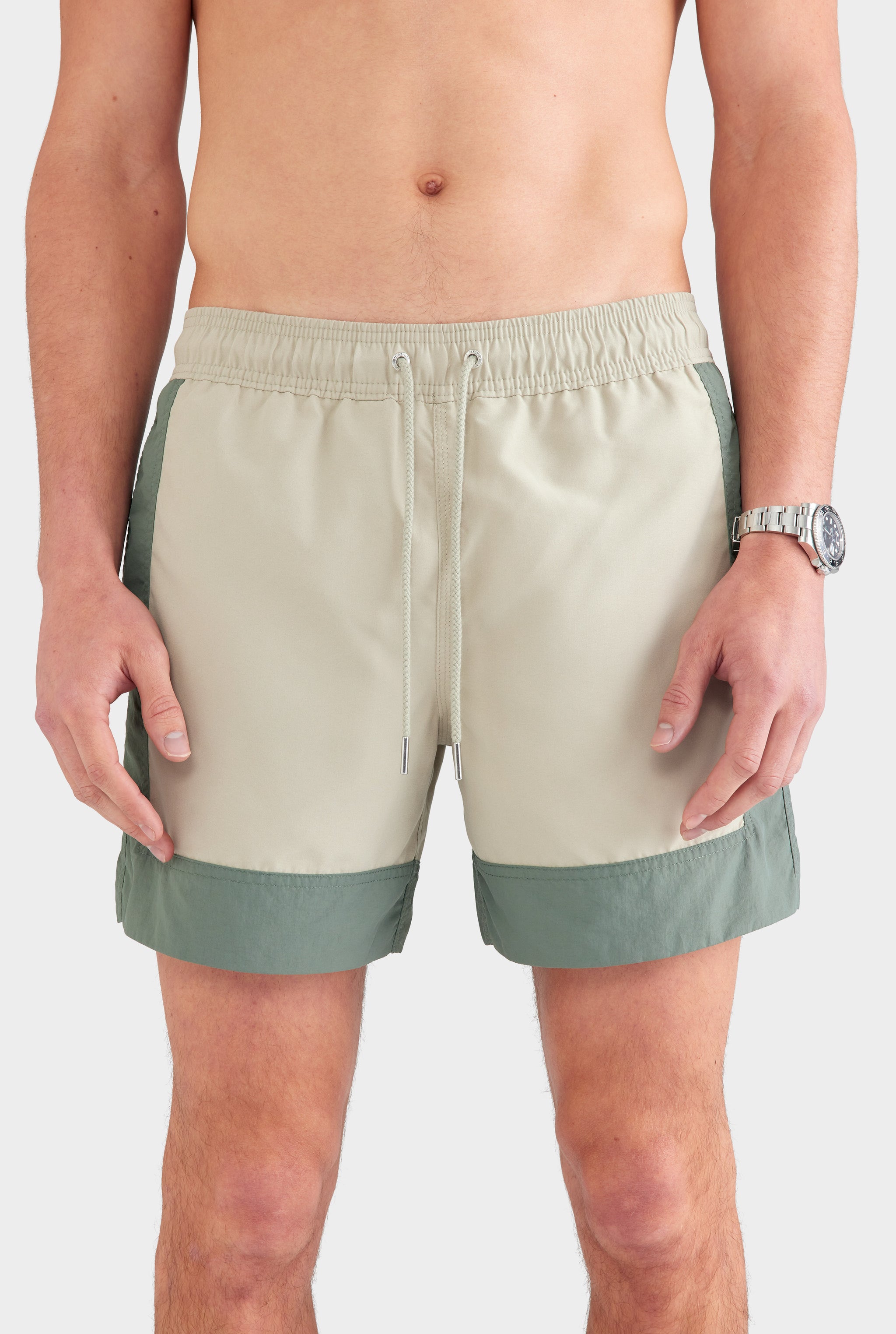 Panelled Border Swim Short - Olive Taupe/Moss Green