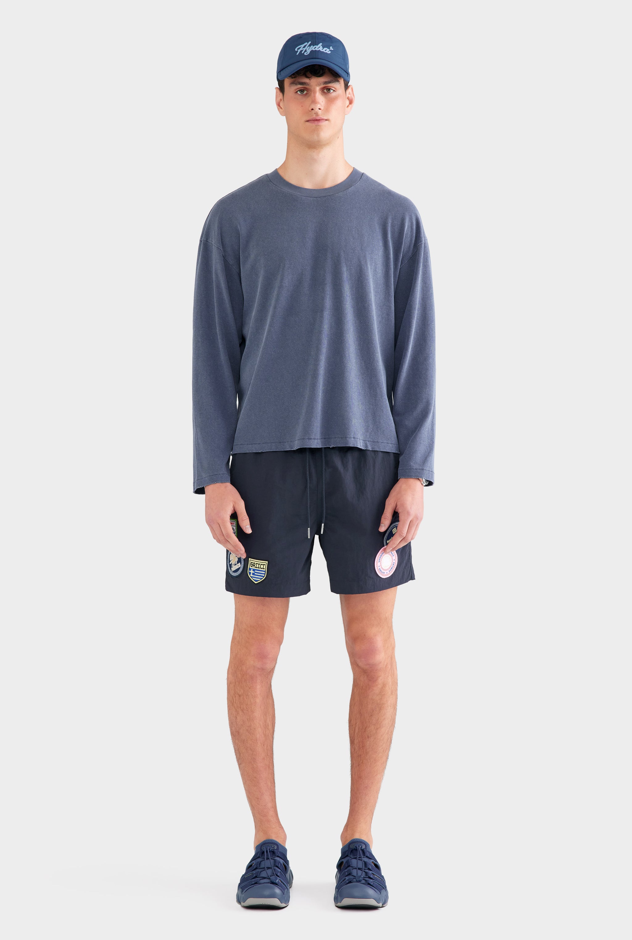 Pigment Dyed Distressed Long Sleeve T Shirt - Washed Navy
