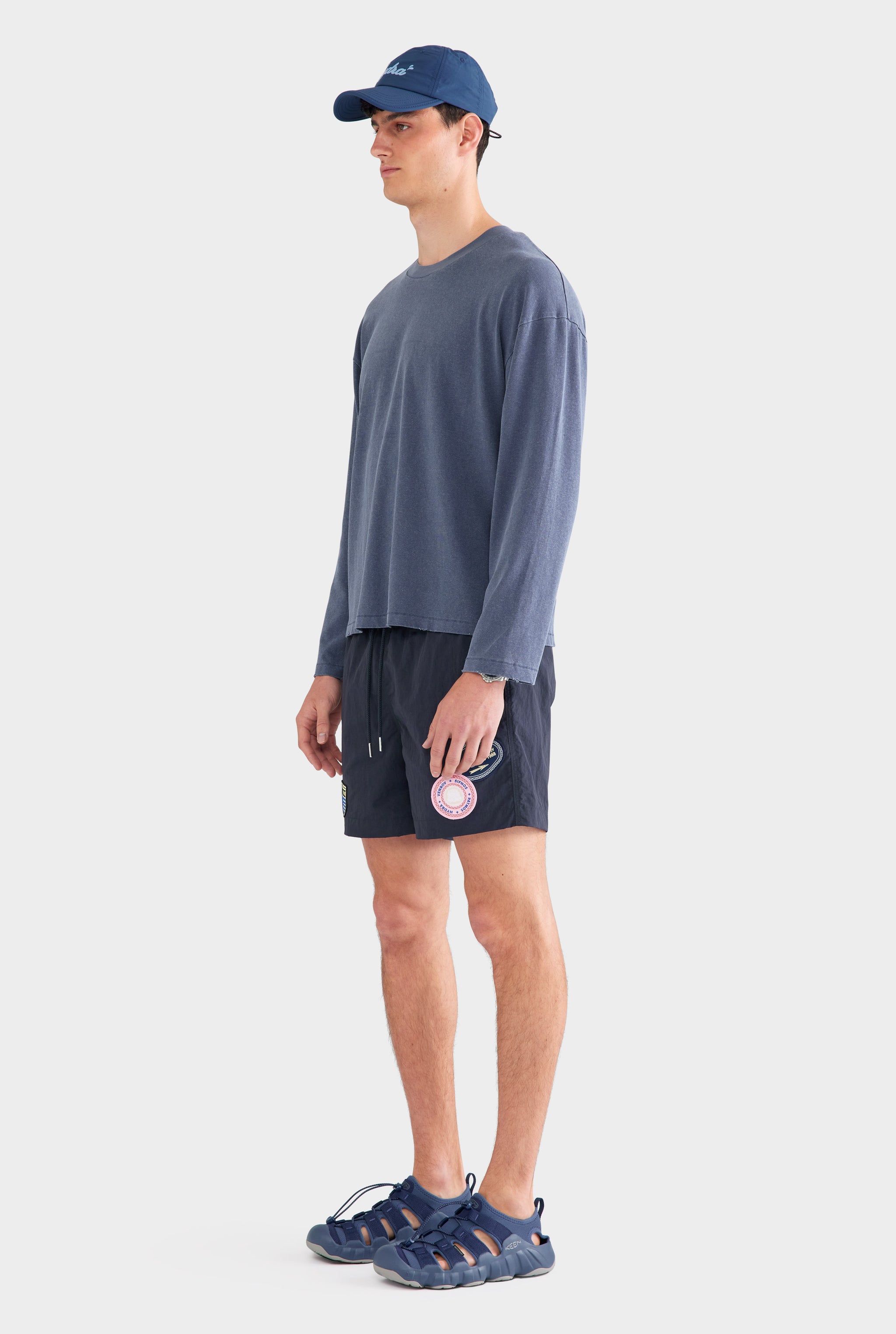 Pigment Dyed Distressed Long Sleeve T Shirt - Washed Navy
