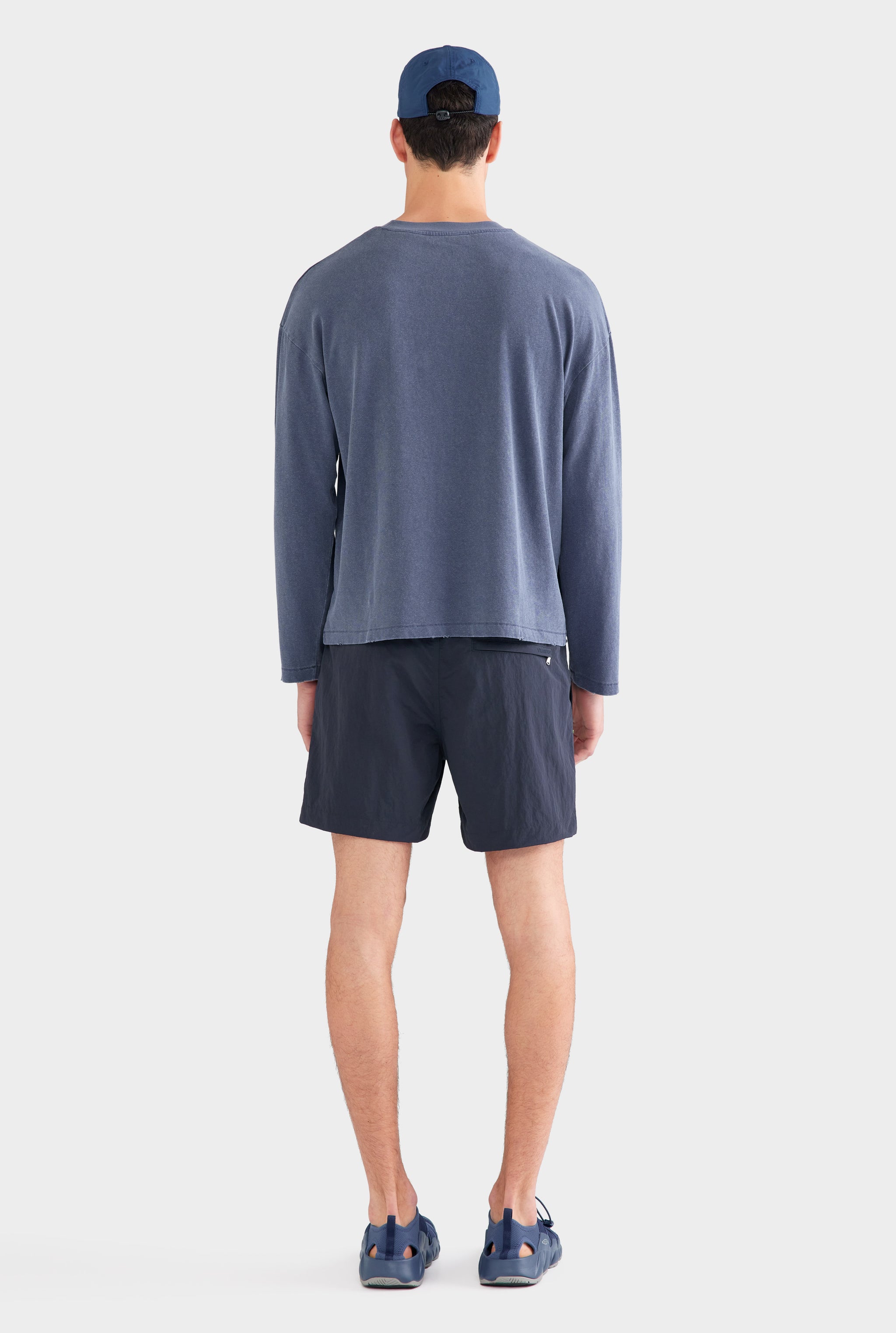 Pigment Dyed Distressed Long Sleeve T Shirt - Washed Navy