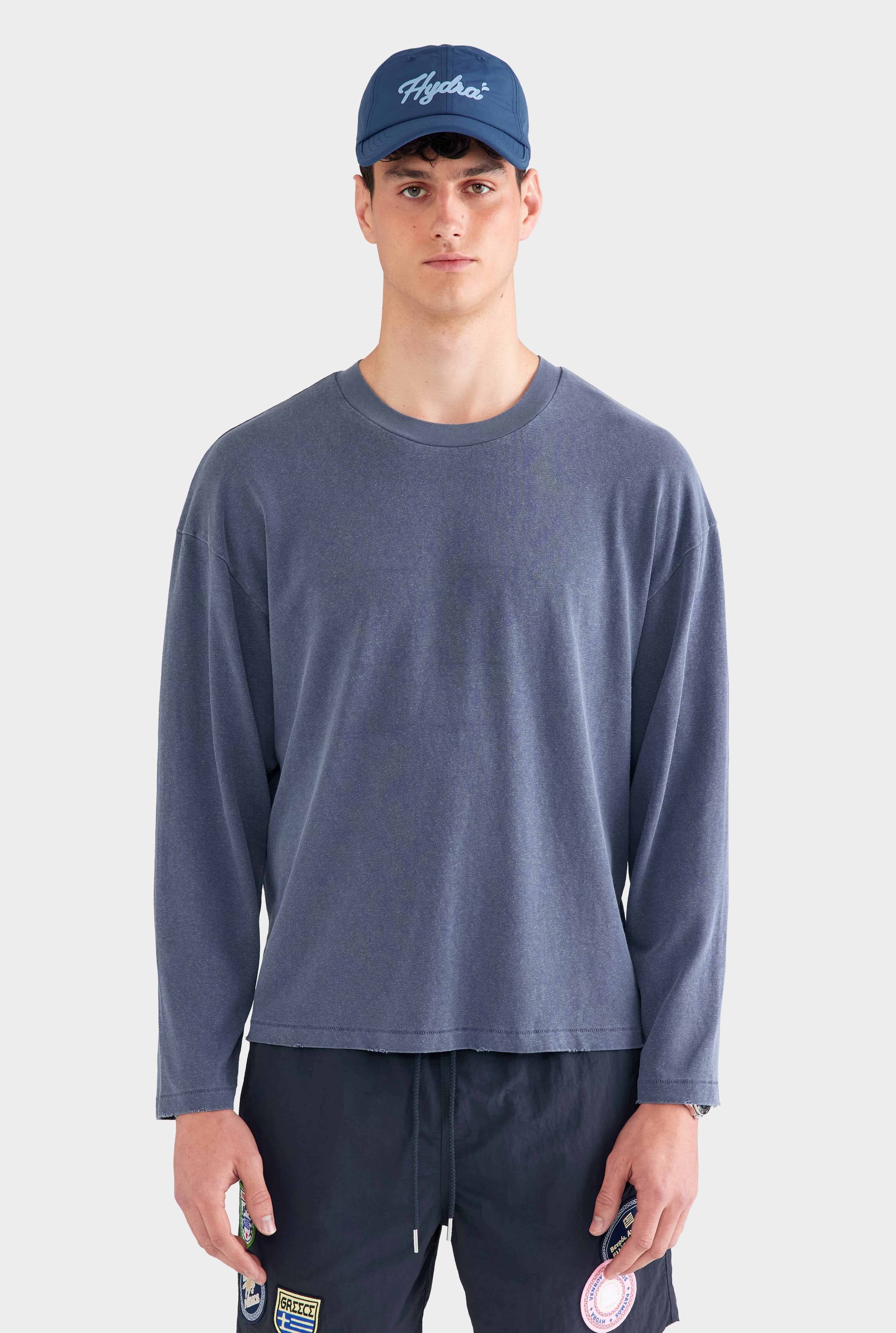 Pigment Dyed Distressed Long Sleeve T Shirt - Washed Navy