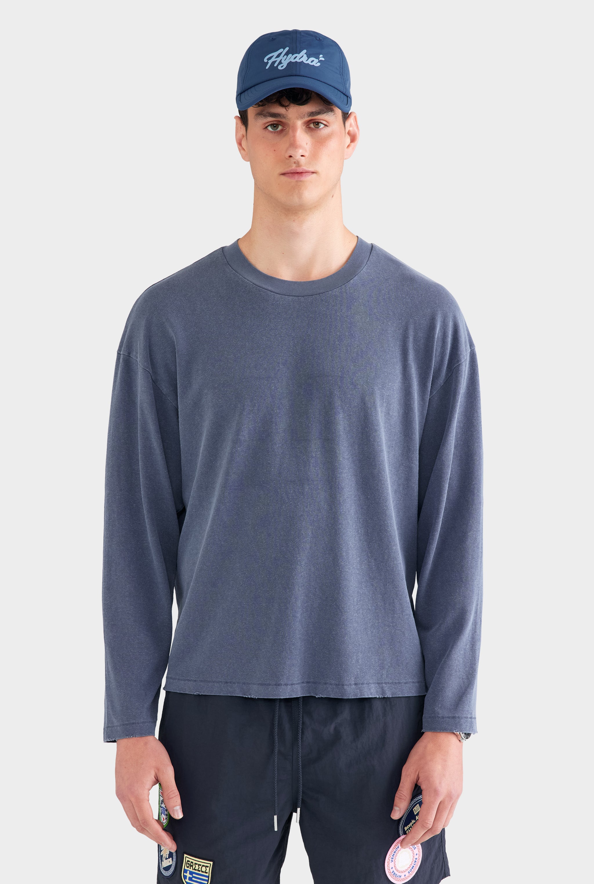 Pigment Dyed Distressed Long Sleeve T Shirt - Washed Navy