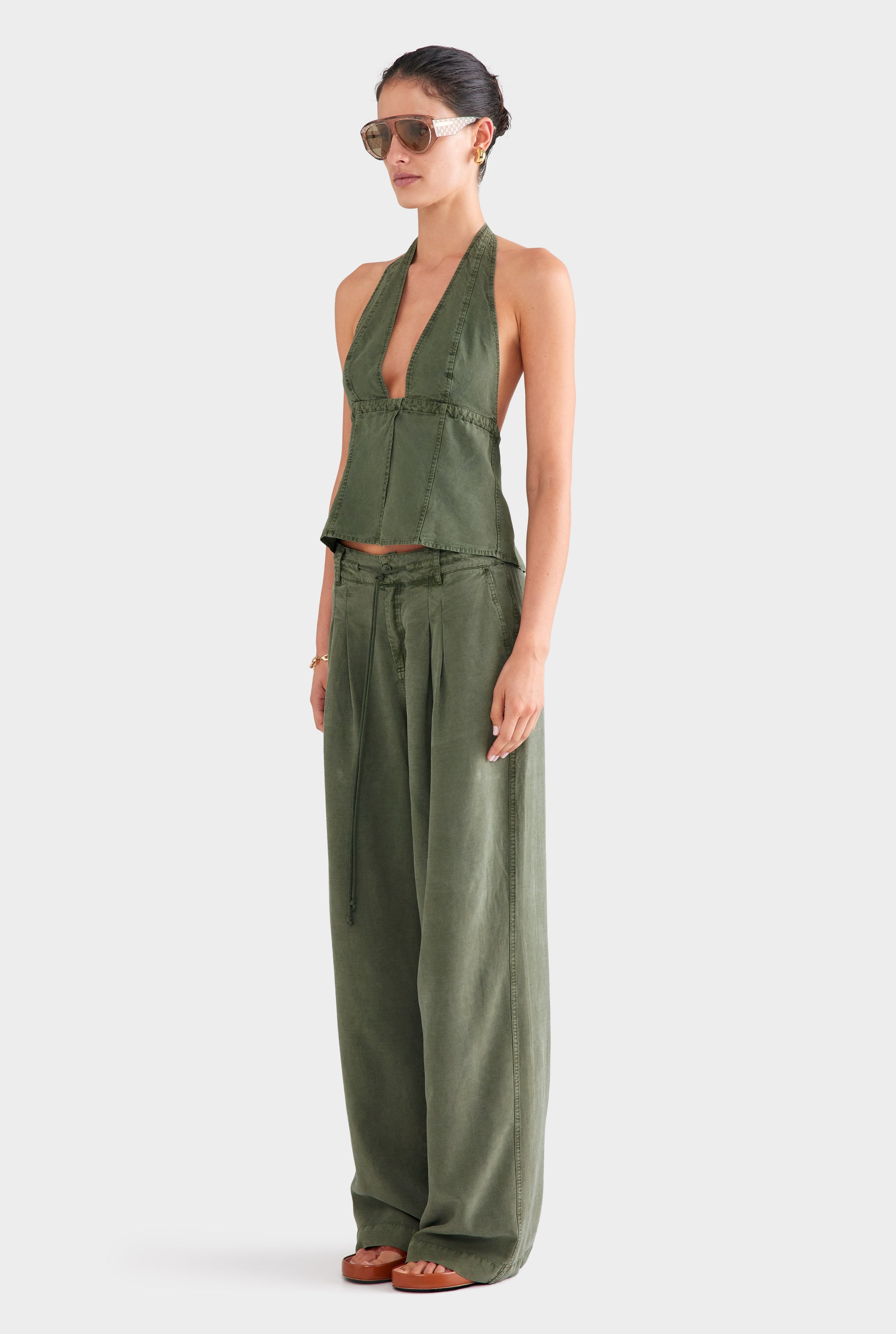 Pigment Dyed Panelled Tencel Halter Top - Washed Olive