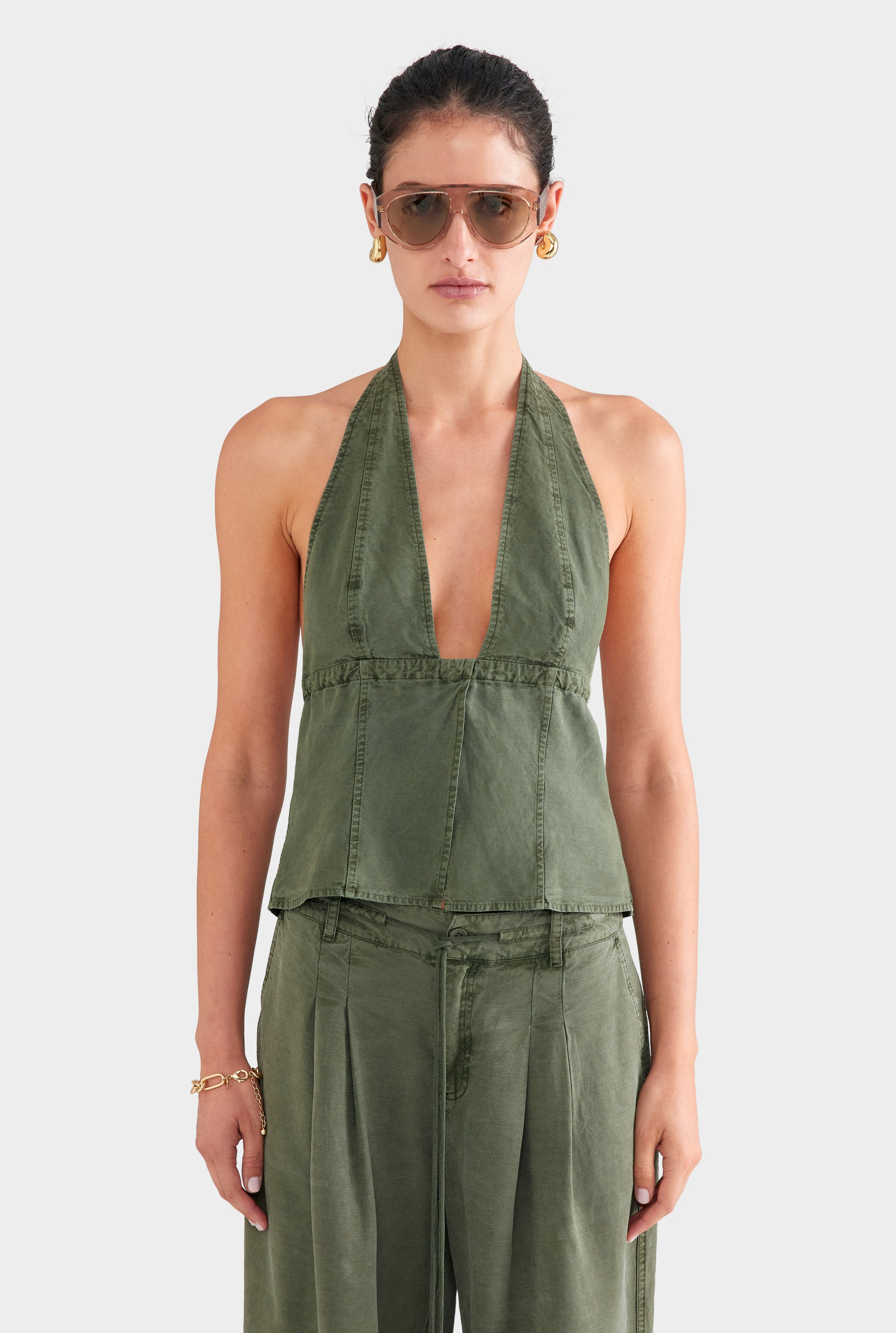 Pigment Dyed Panelled Tencel Halter Top - Washed Olive