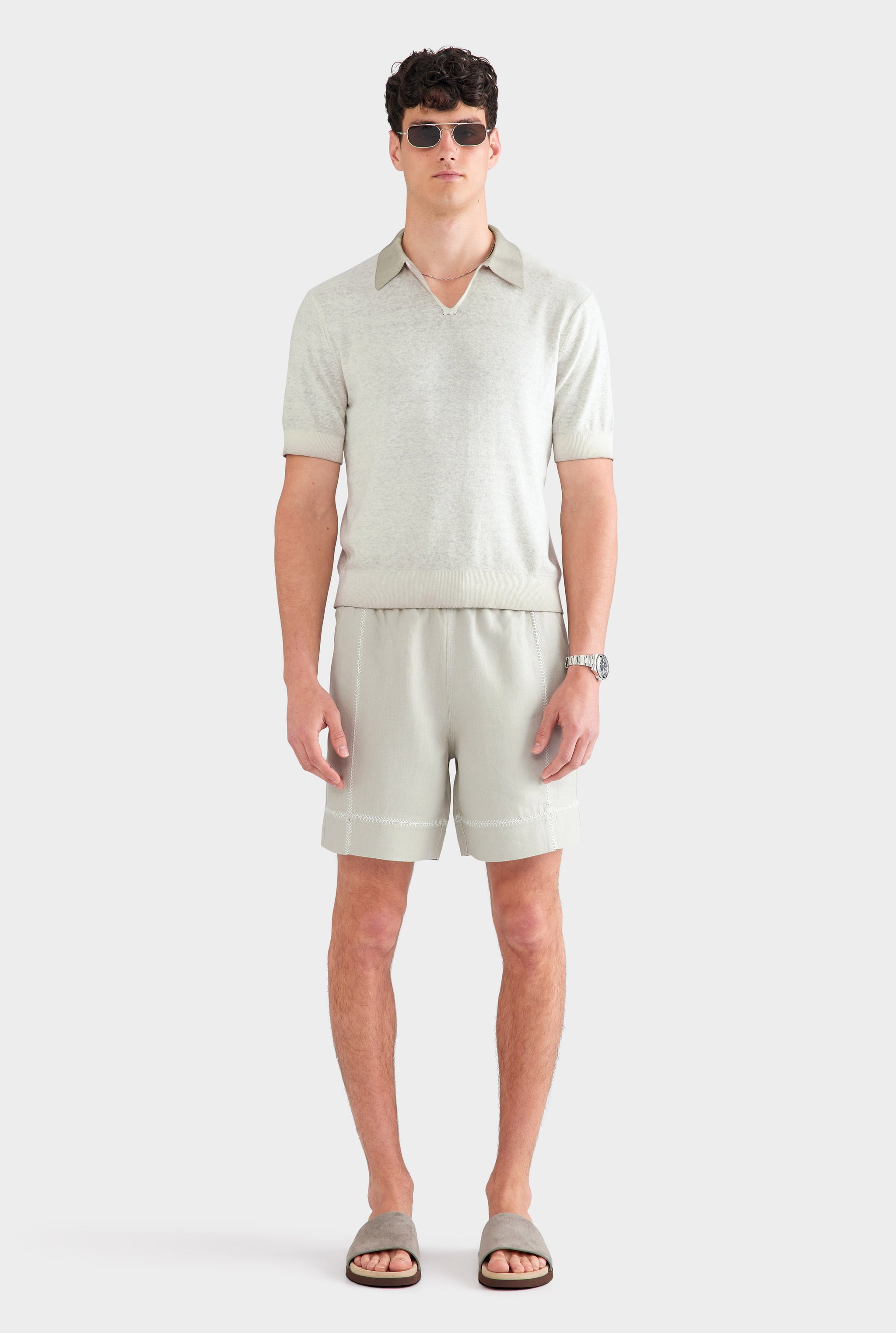 Reverse Printed Open Neck Knit Polo - Washed Beige