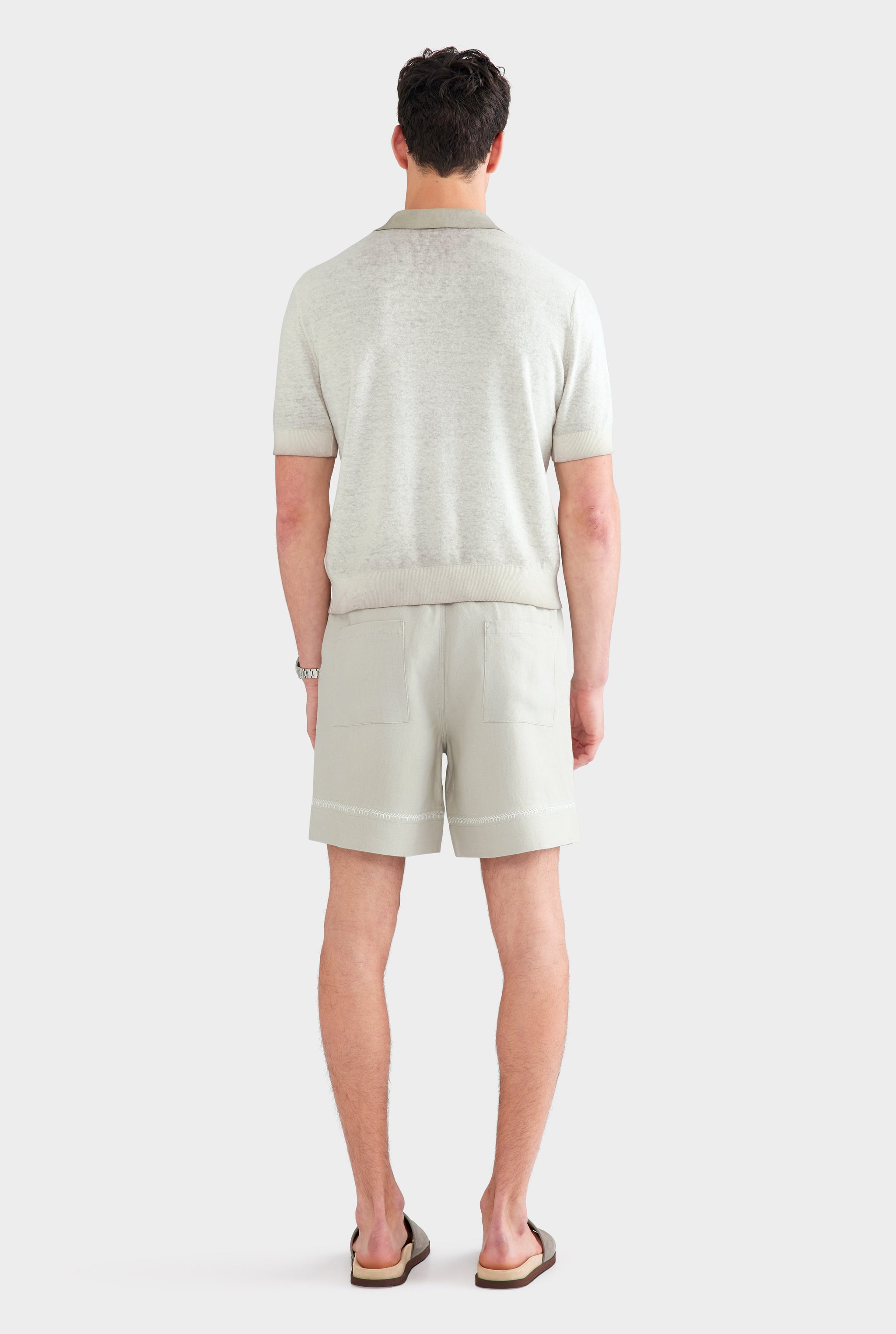 Reverse Printed Open Neck Knit Polo - Washed Beige