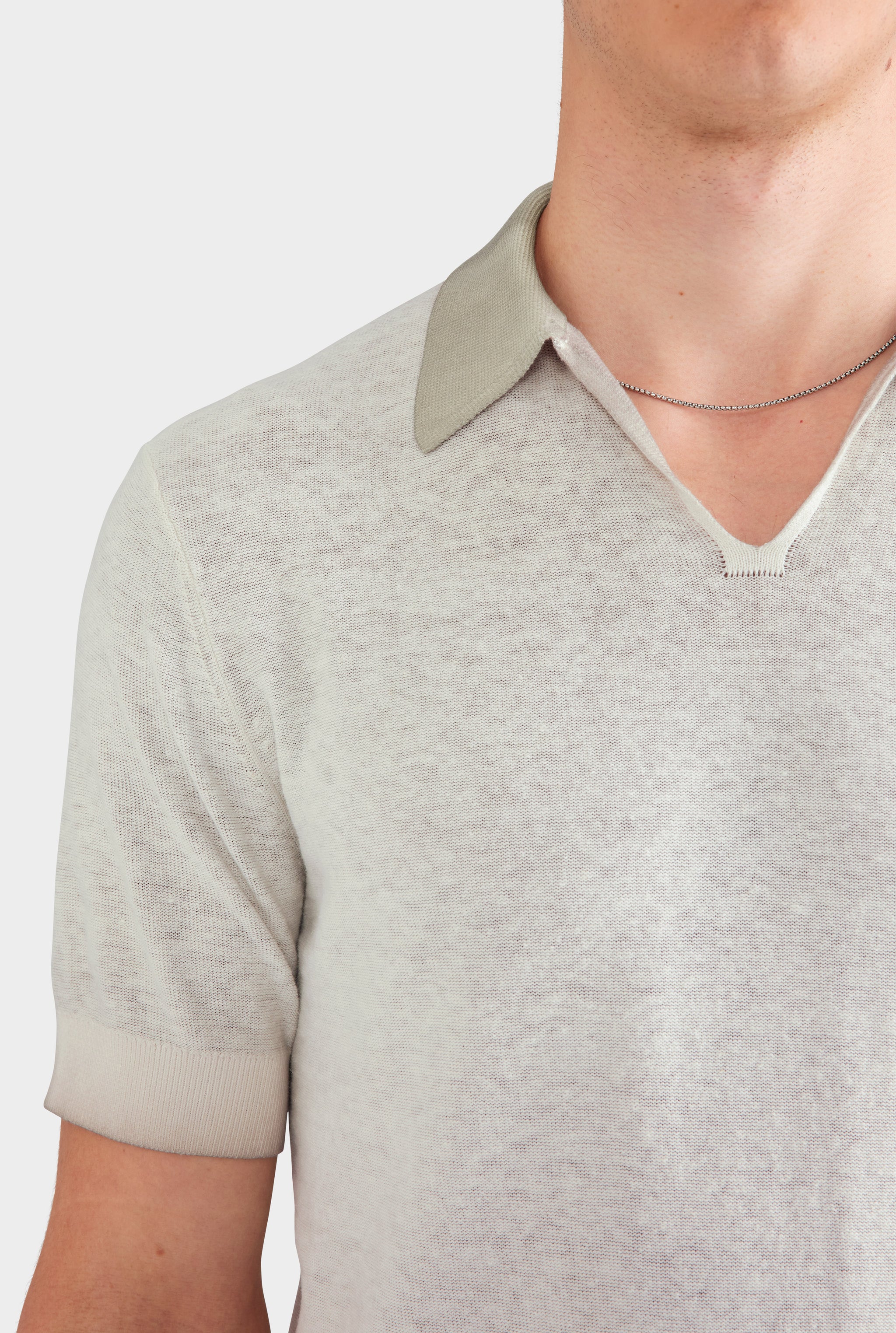 Reverse Printed Open Neck Knit Polo - Washed Beige
