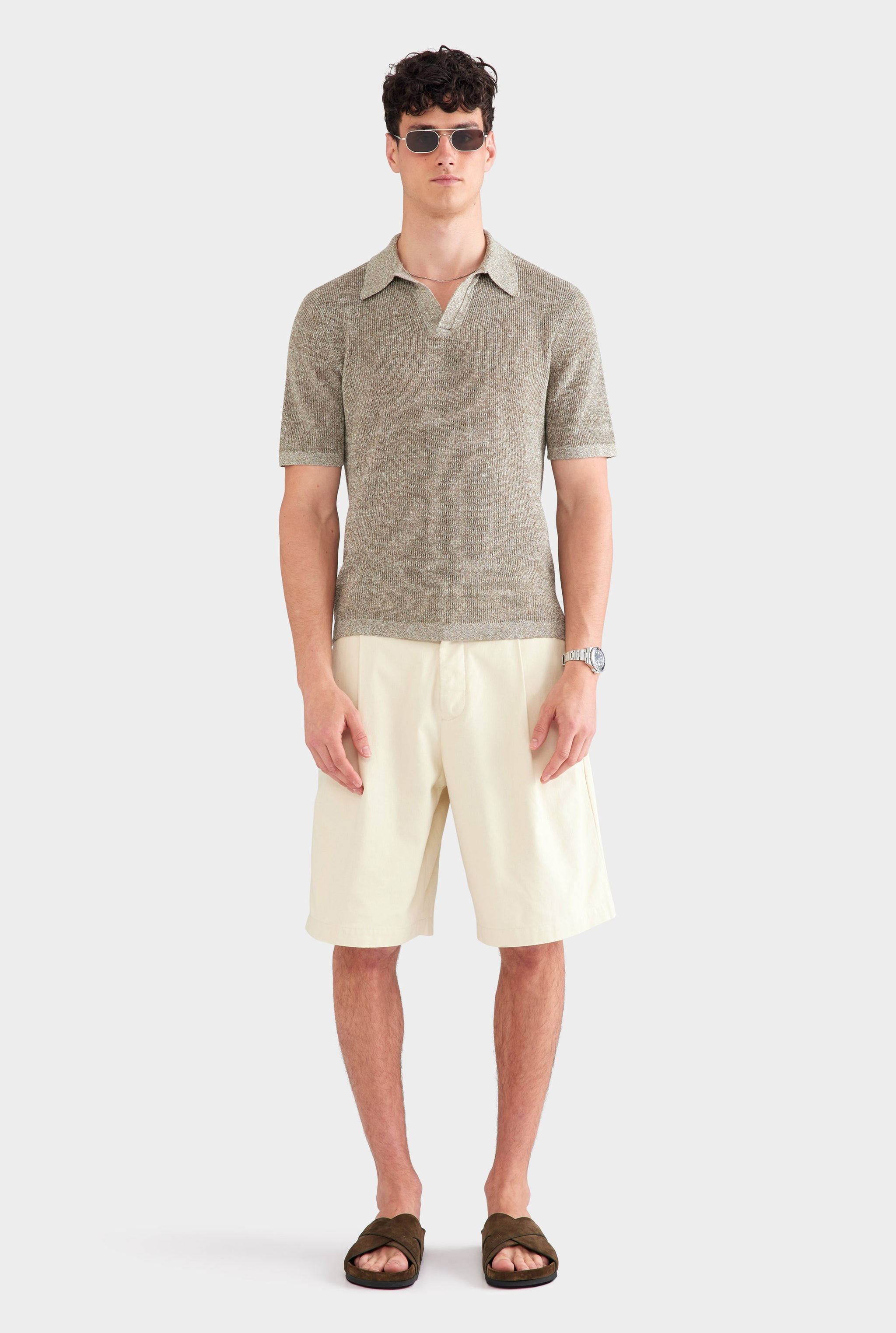 Rib Knit Open Neck Polo - Olive Marl