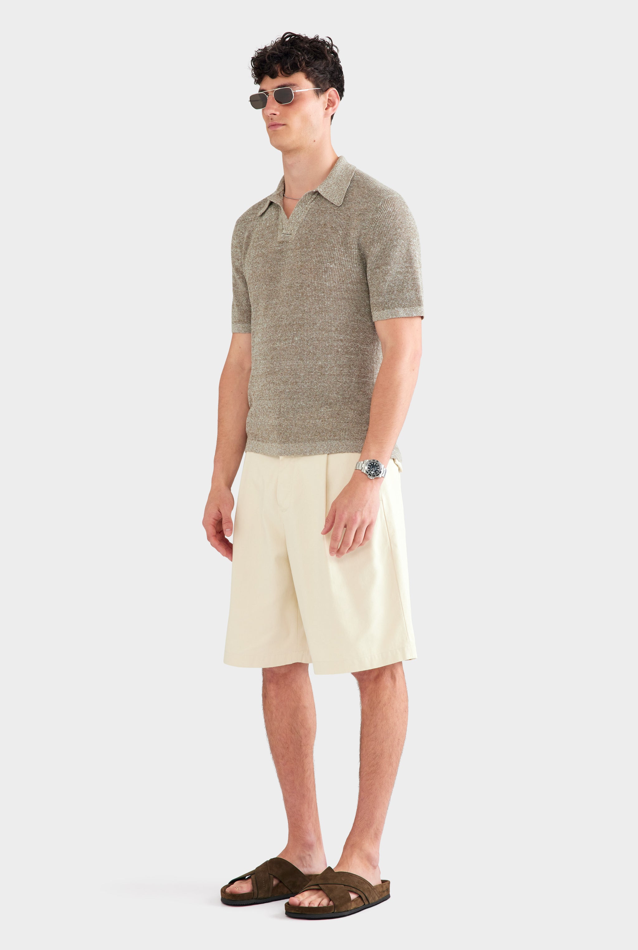 Rib Knit Open Neck Polo - Olive Marl