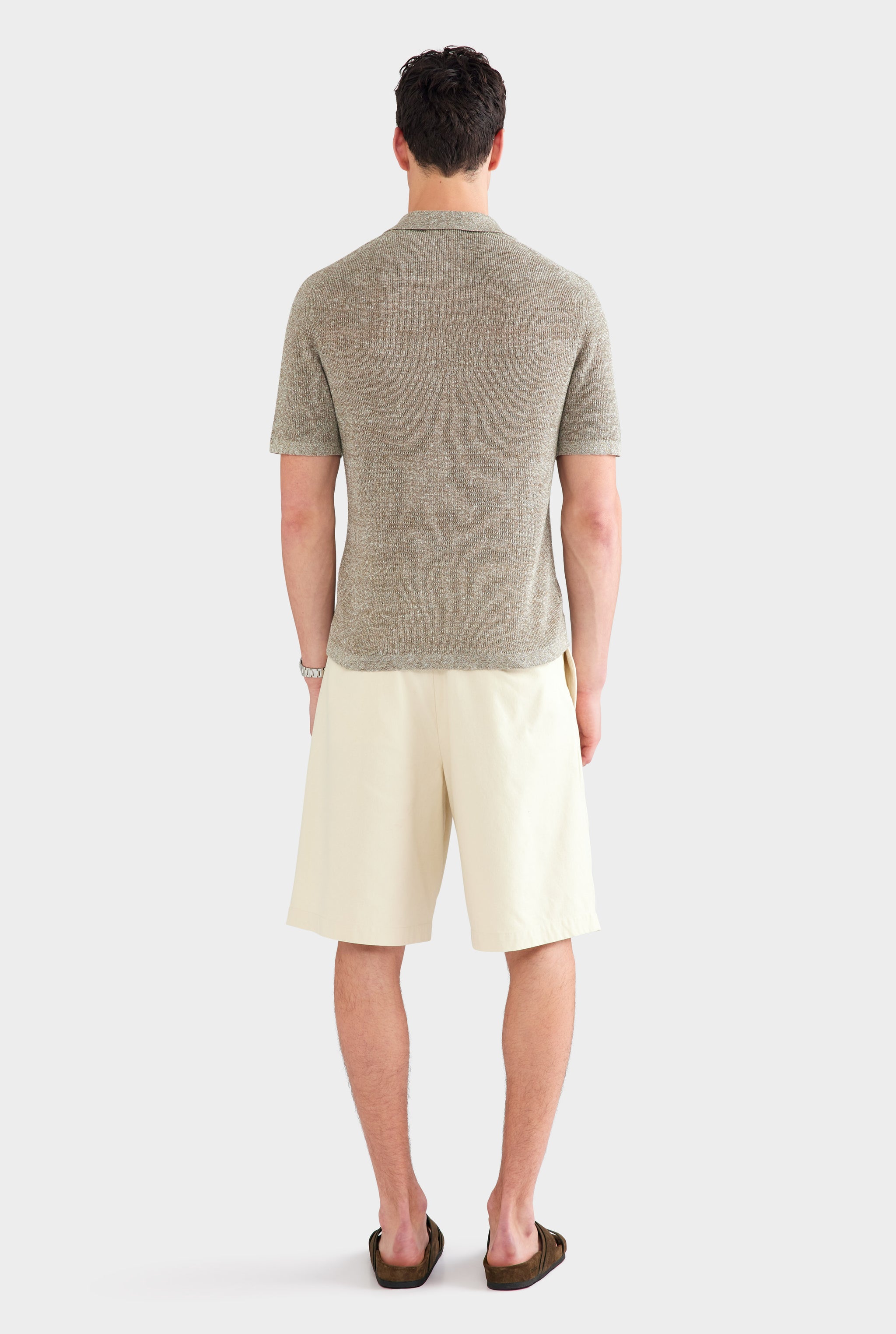 Rib Knit Open Neck Polo - Olive Marl