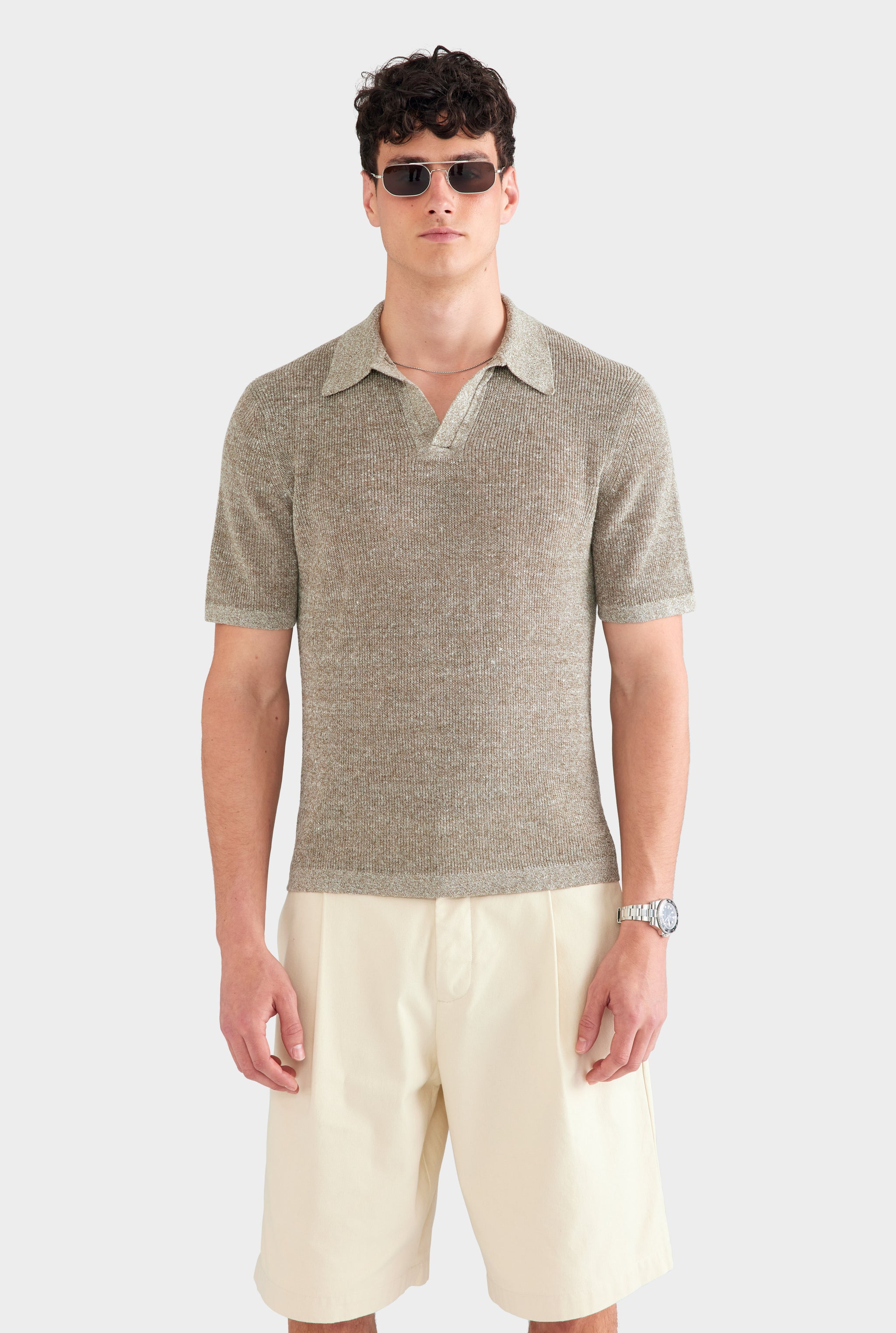 Rib Knit Open Neck Polo - Olive Marl