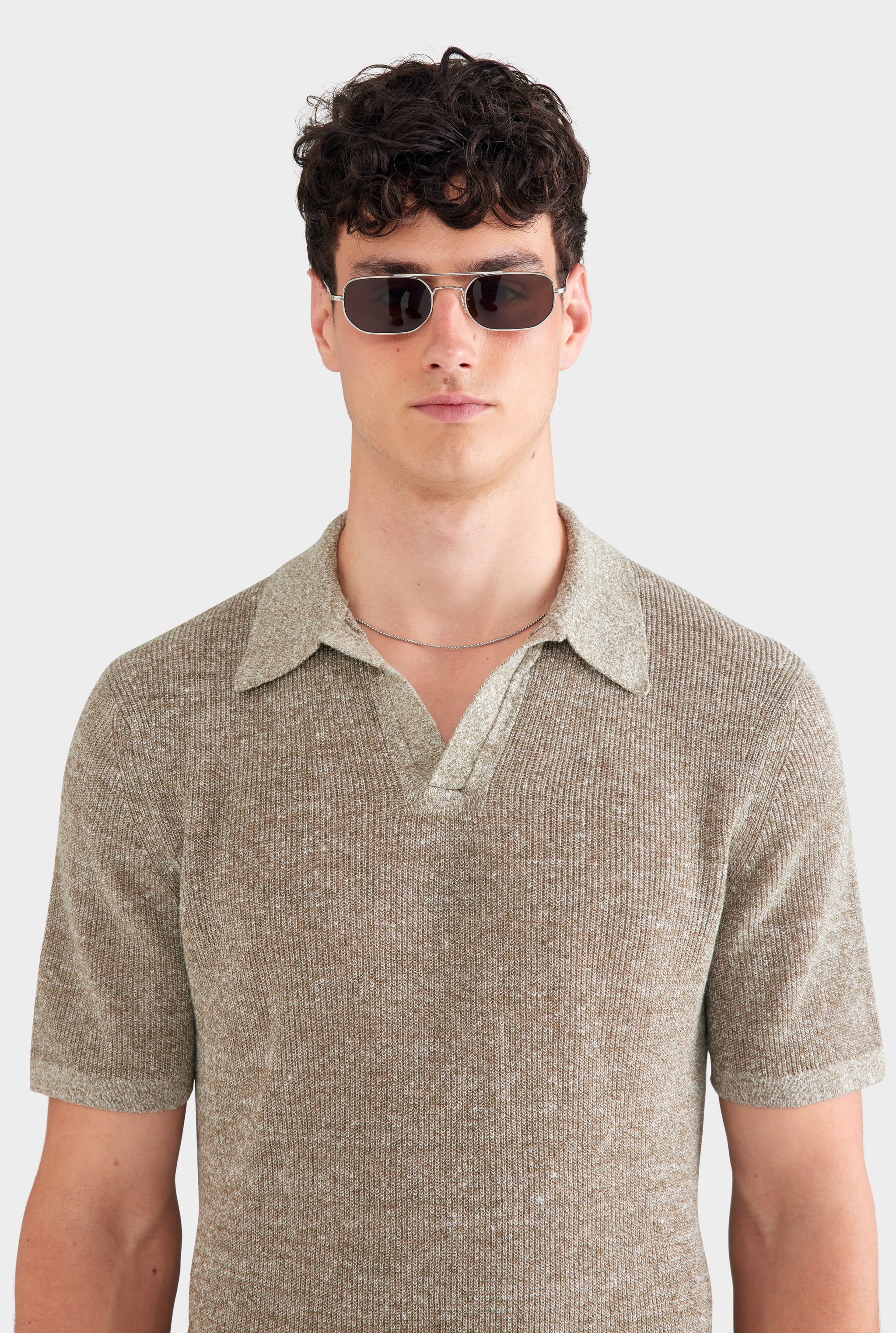 Rib Knit Open Neck Polo - Olive Marl