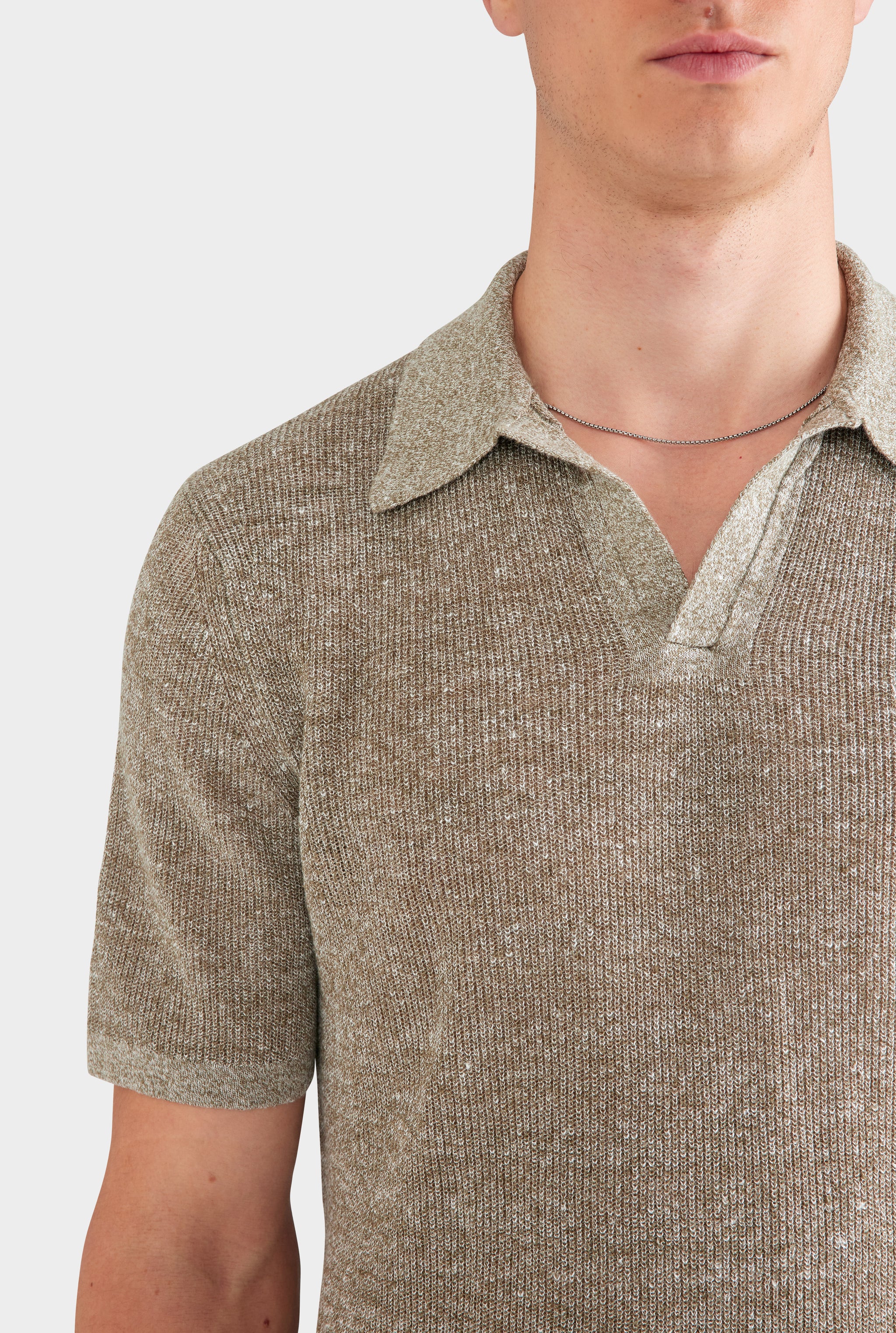 Rib Knit Open Neck Polo - Olive Marl