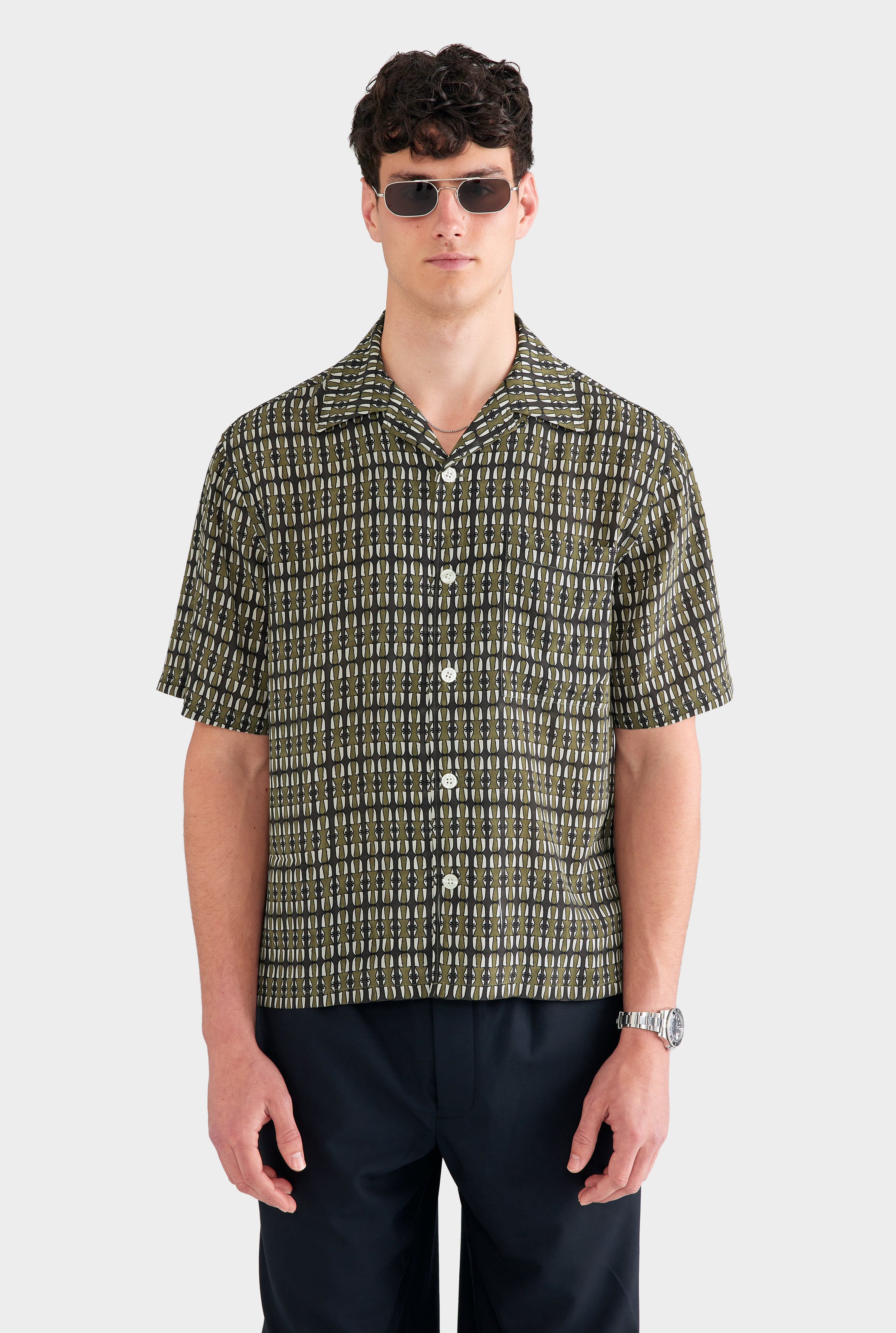Short Sleeve Silk Camp Collar Shirt - Brown Geo