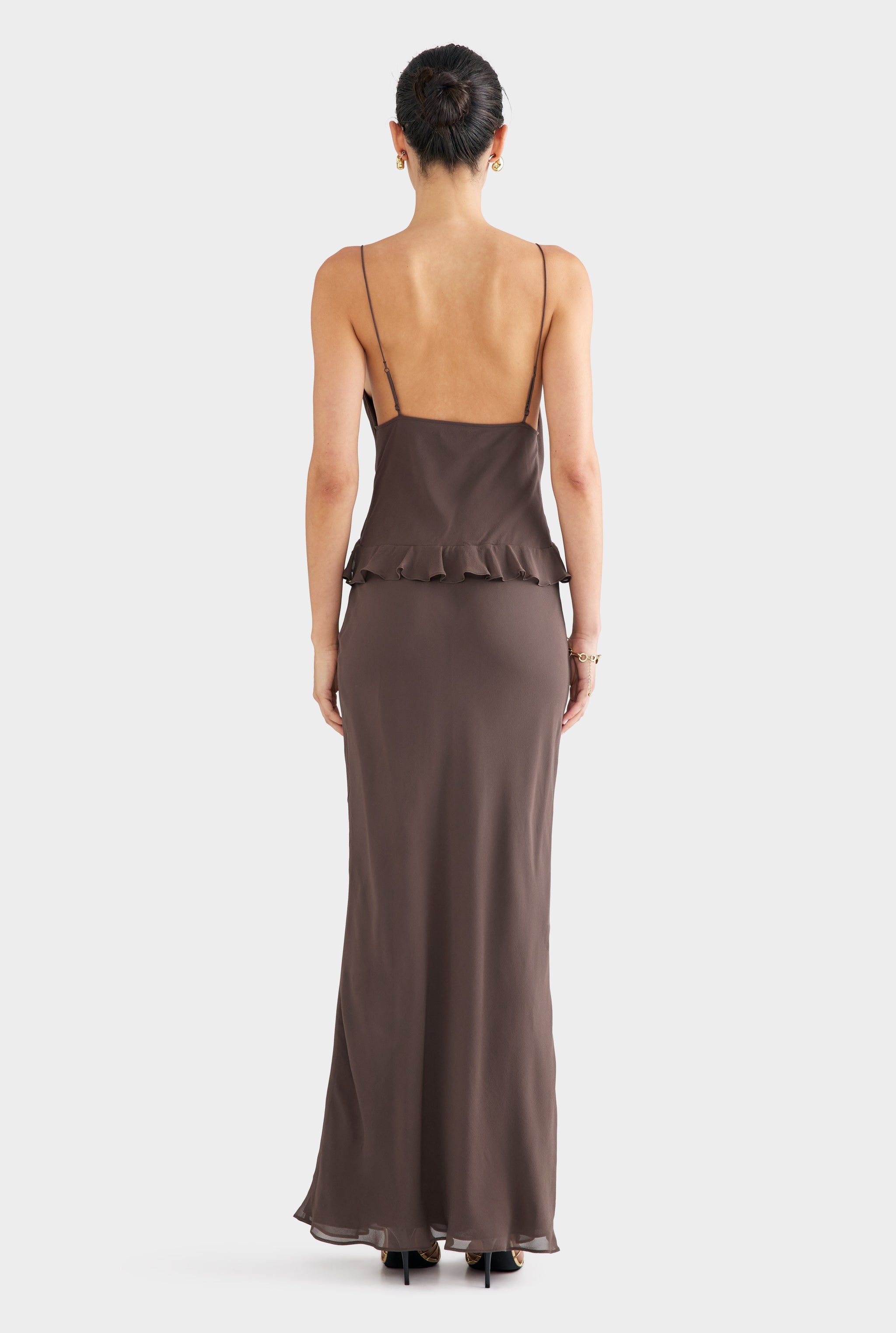 Silk Bralette Ruffle Maxi Dress - Chocolate