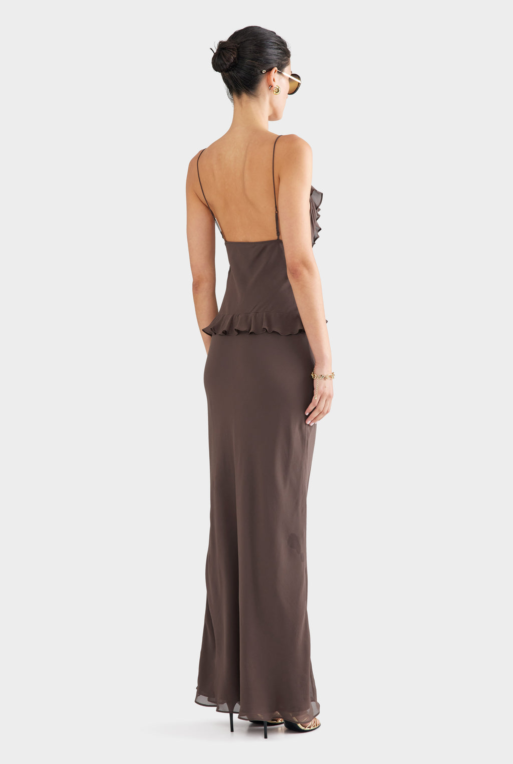 Silk Bralette Ruffle Maxi Dress - Chocolate