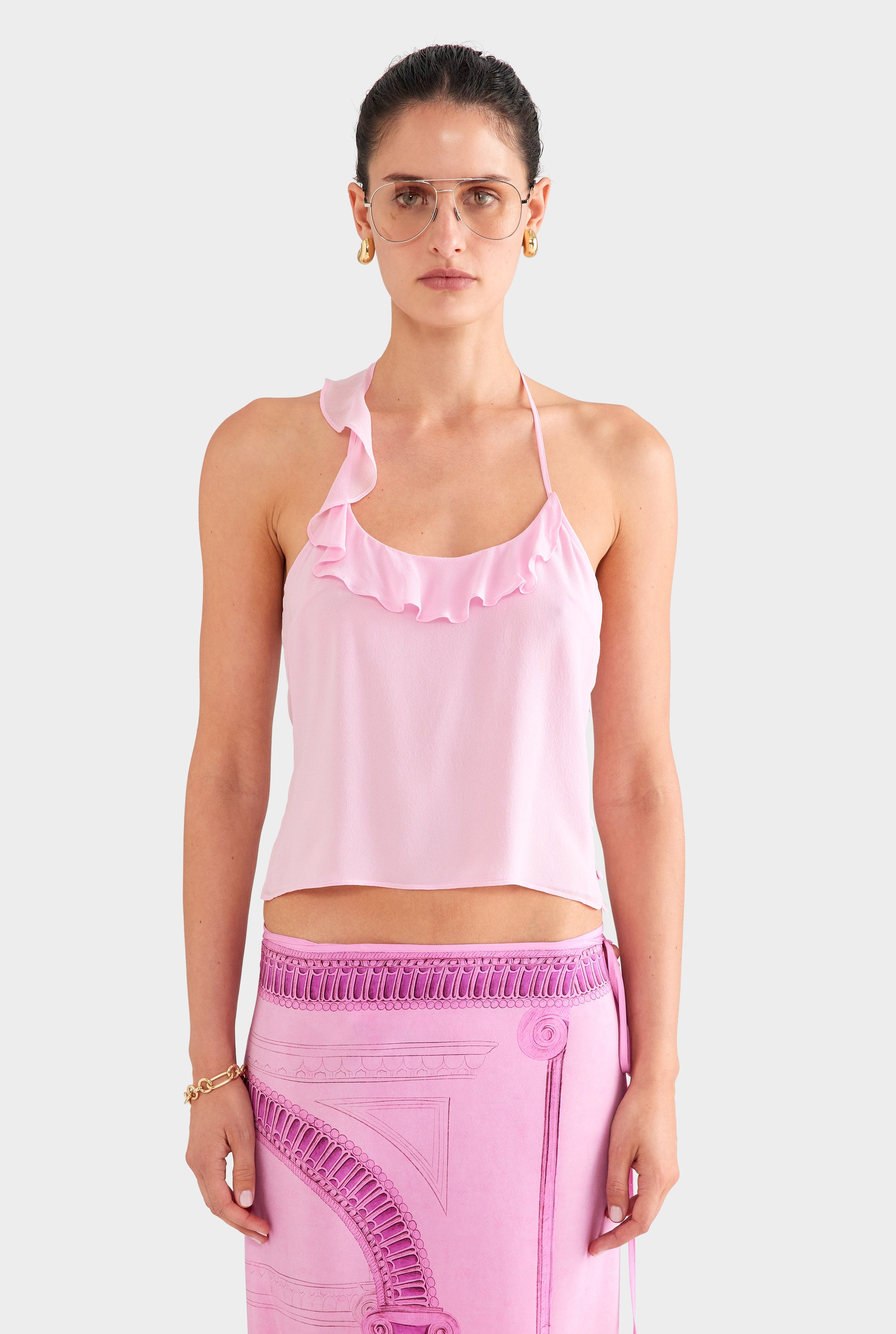 Asymmetric Ruffle Halter Top - Pink