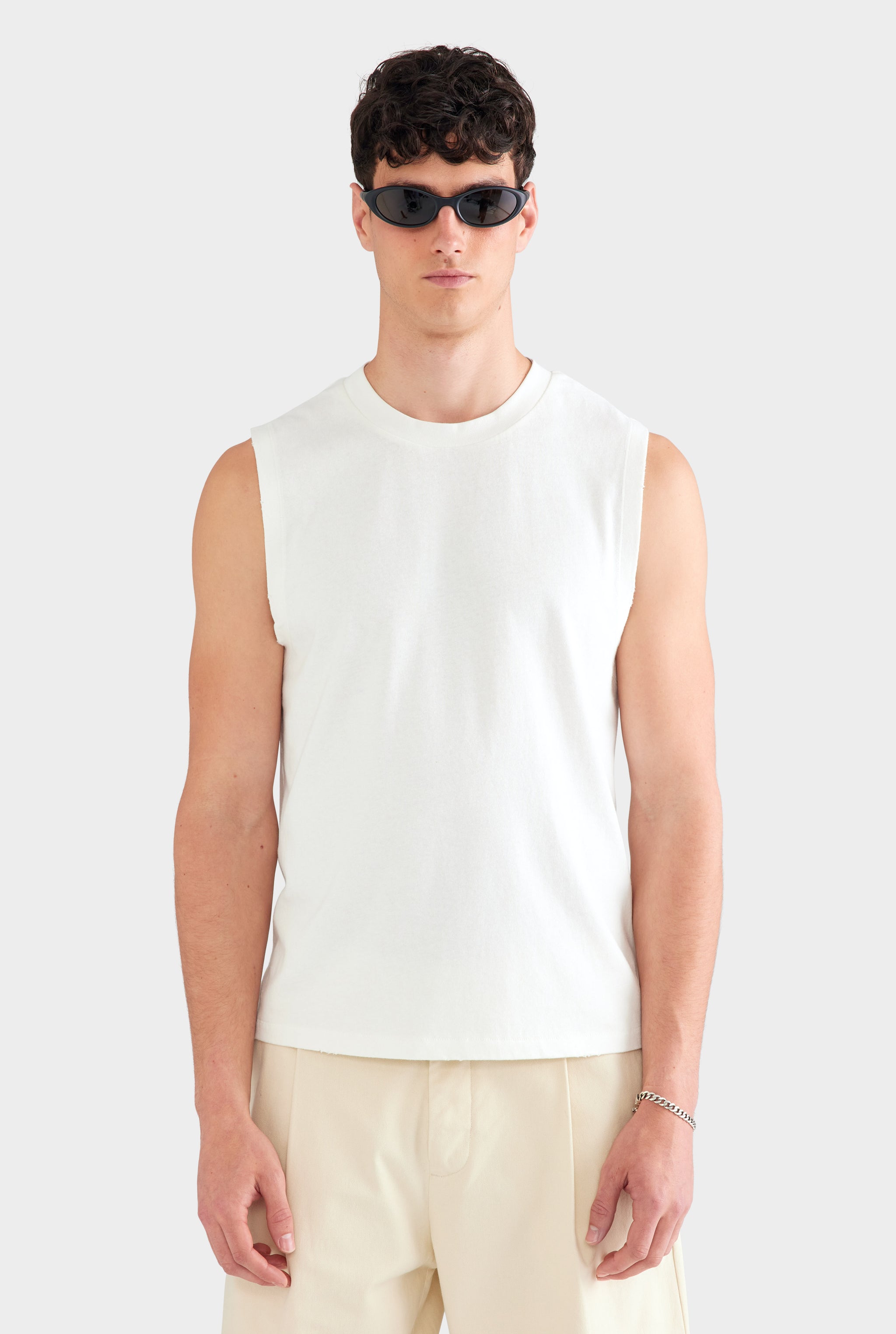 Sleeveless Distressed T Shirt - Off White