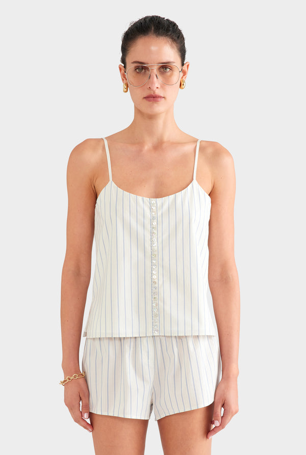 Stripe Cotton Button Up Cami - Off White/Blue Stripe