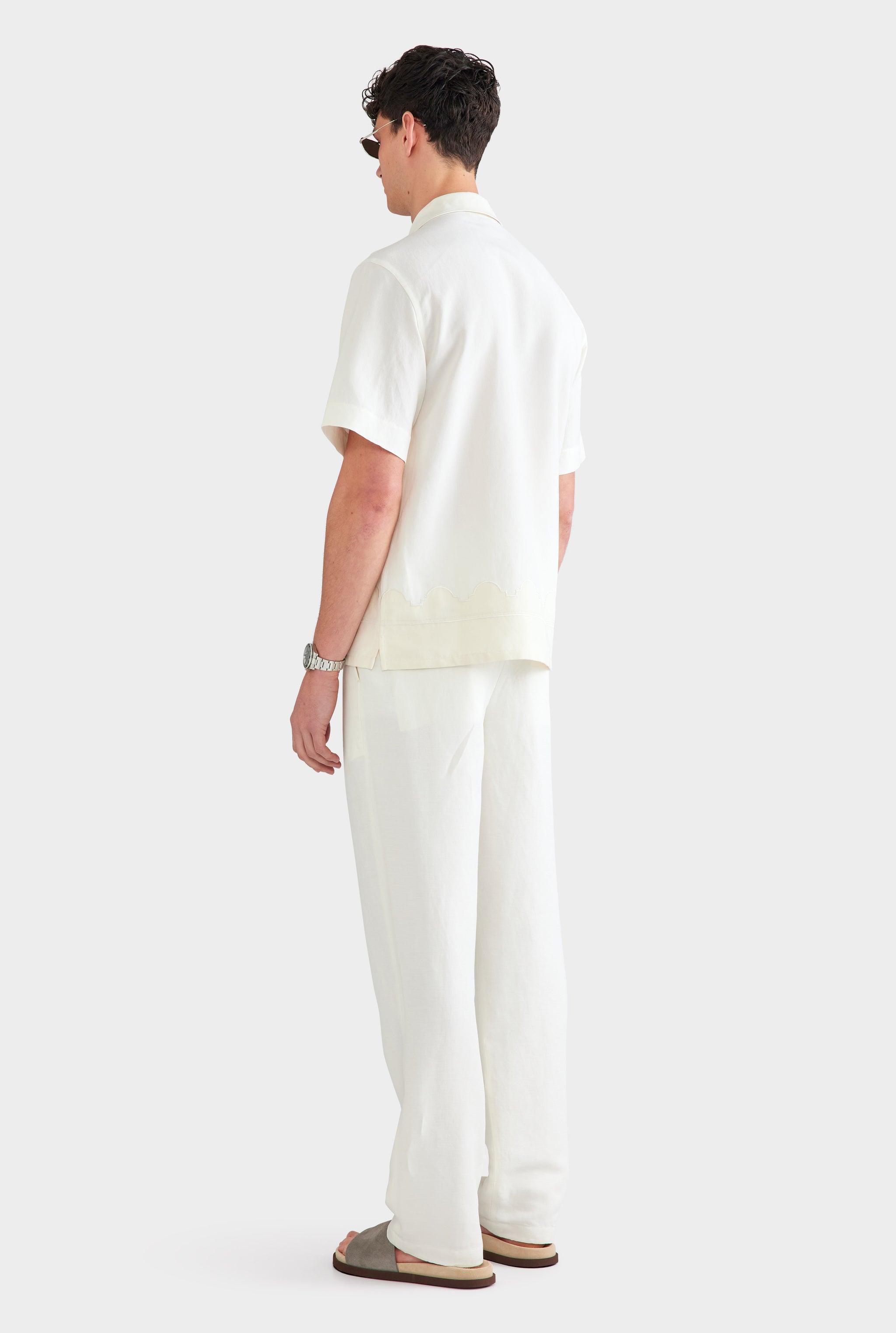Applique Border Silk Linen Shirt - Off White/Cream