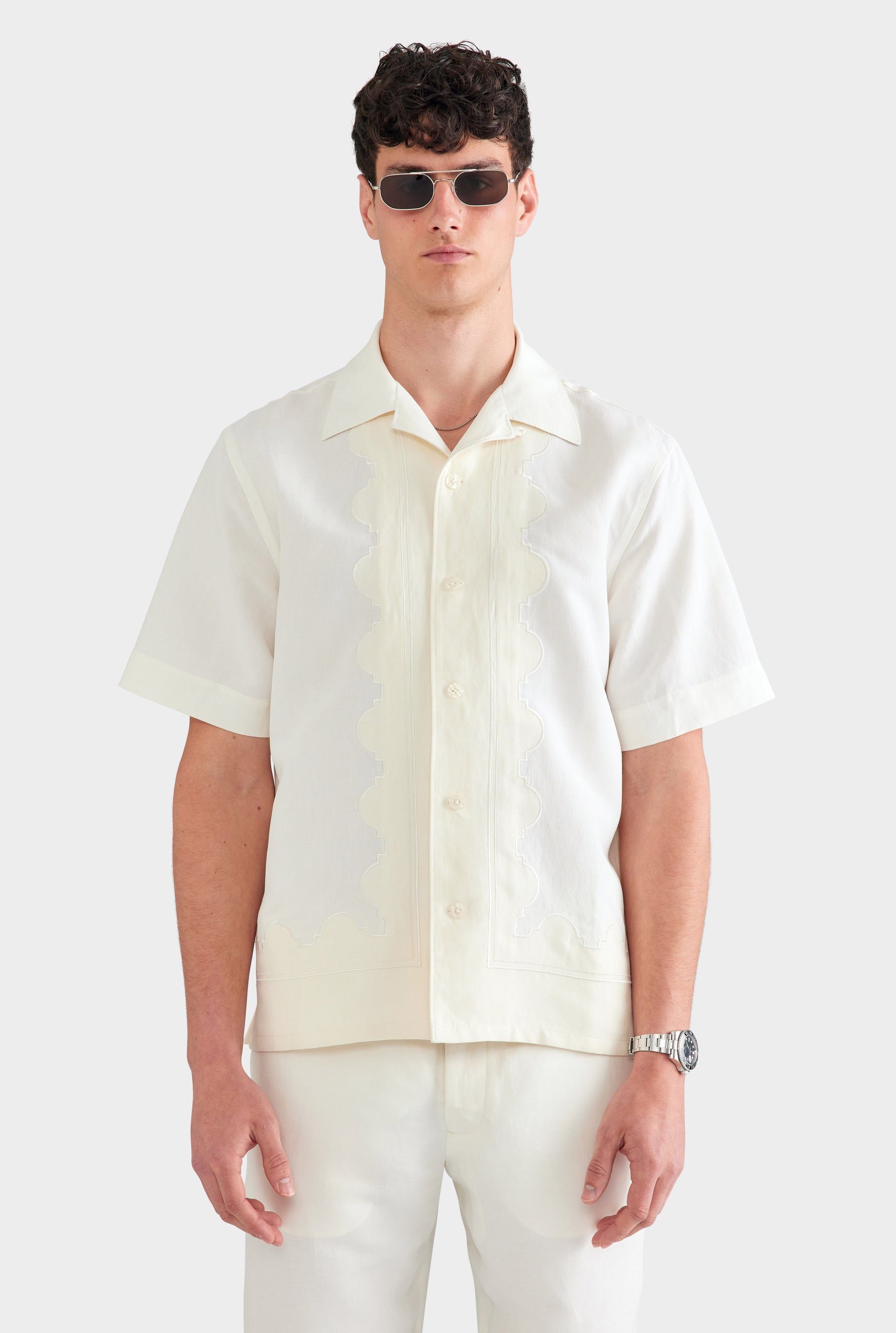 Applique Border Silk Linen Shirt - Off White/Cream