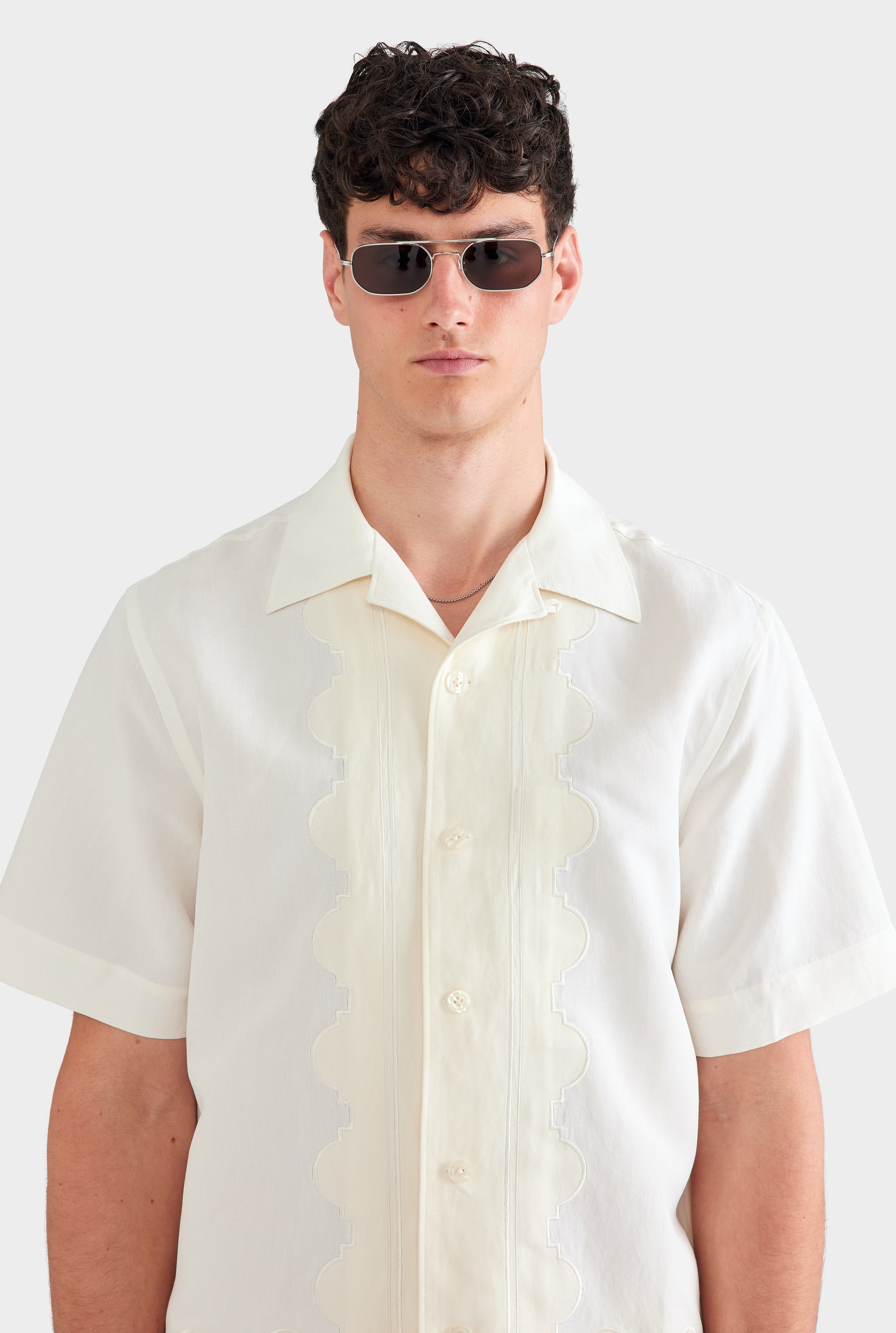 Applique Border Silk Linen Shirt - Off White/Cream