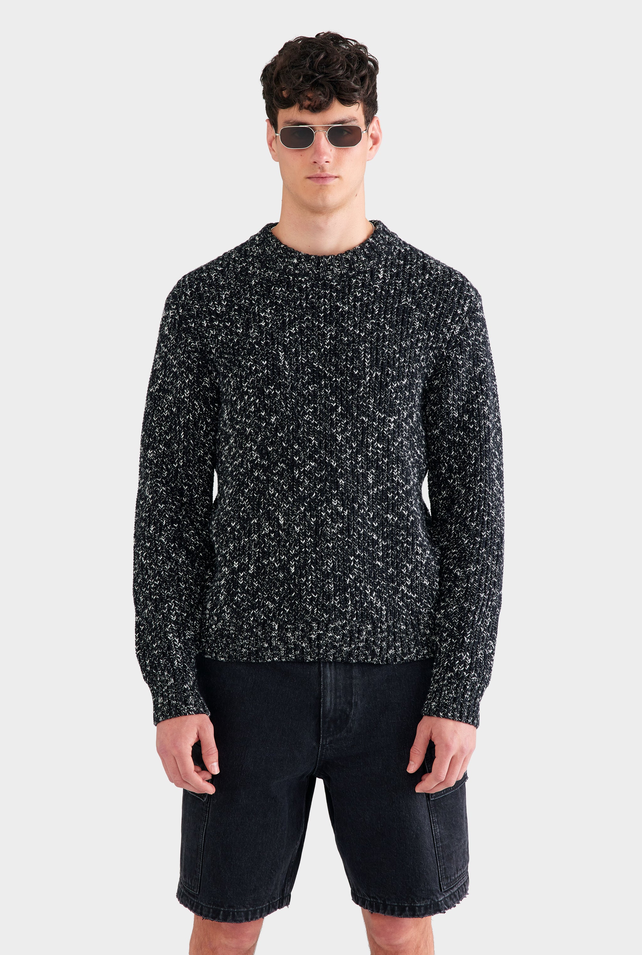Chunky Wool Cotton Sweater - Black/White Marl