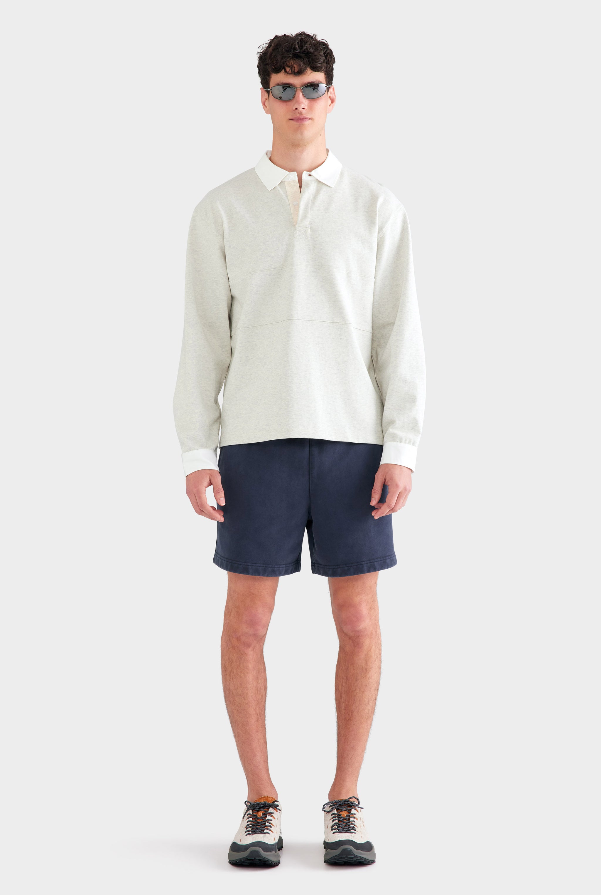 Cotton Long Sleeve Rugby Polo - Grey Marl/White