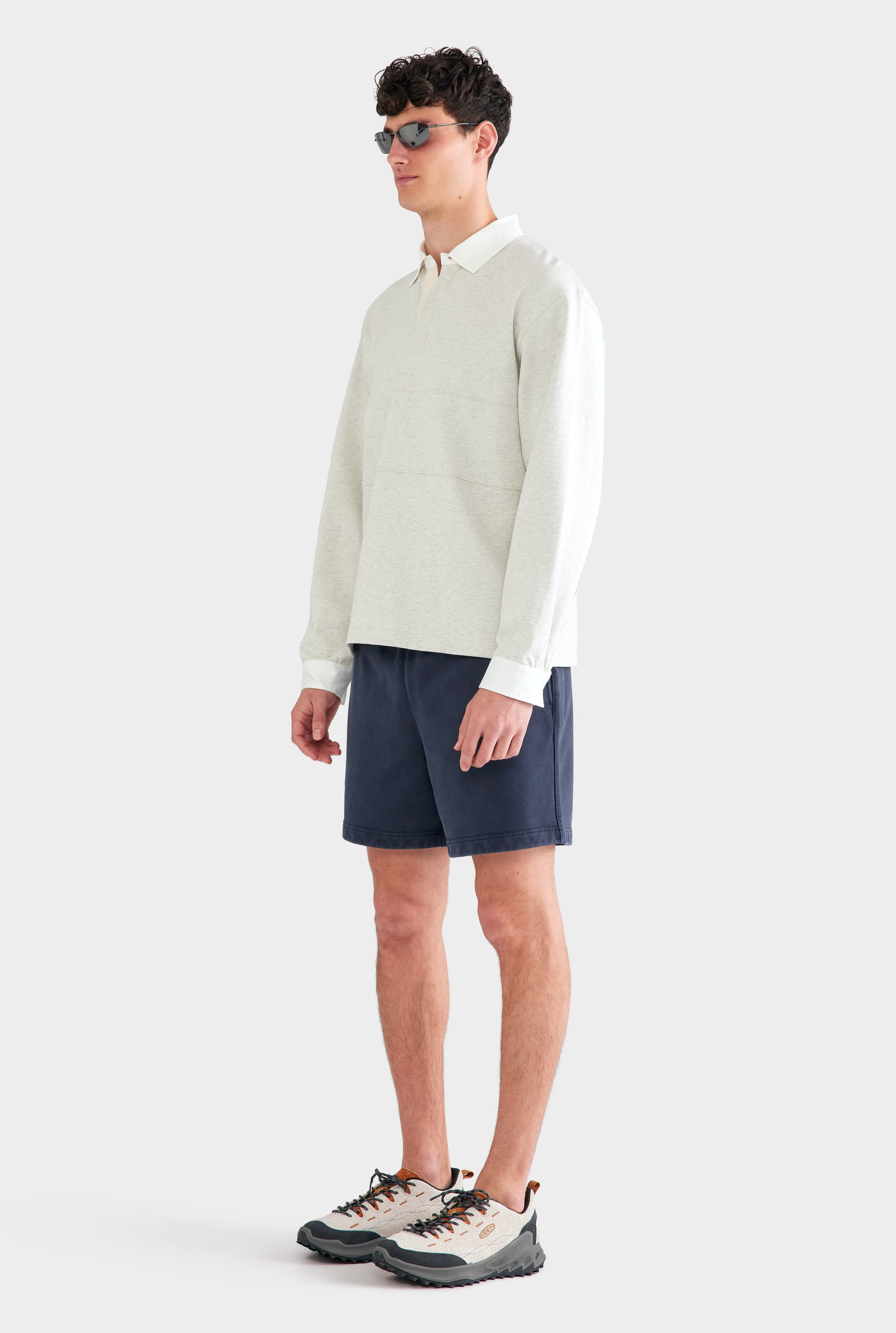 Cotton Long Sleeve Rugby Polo - Grey Marl/White