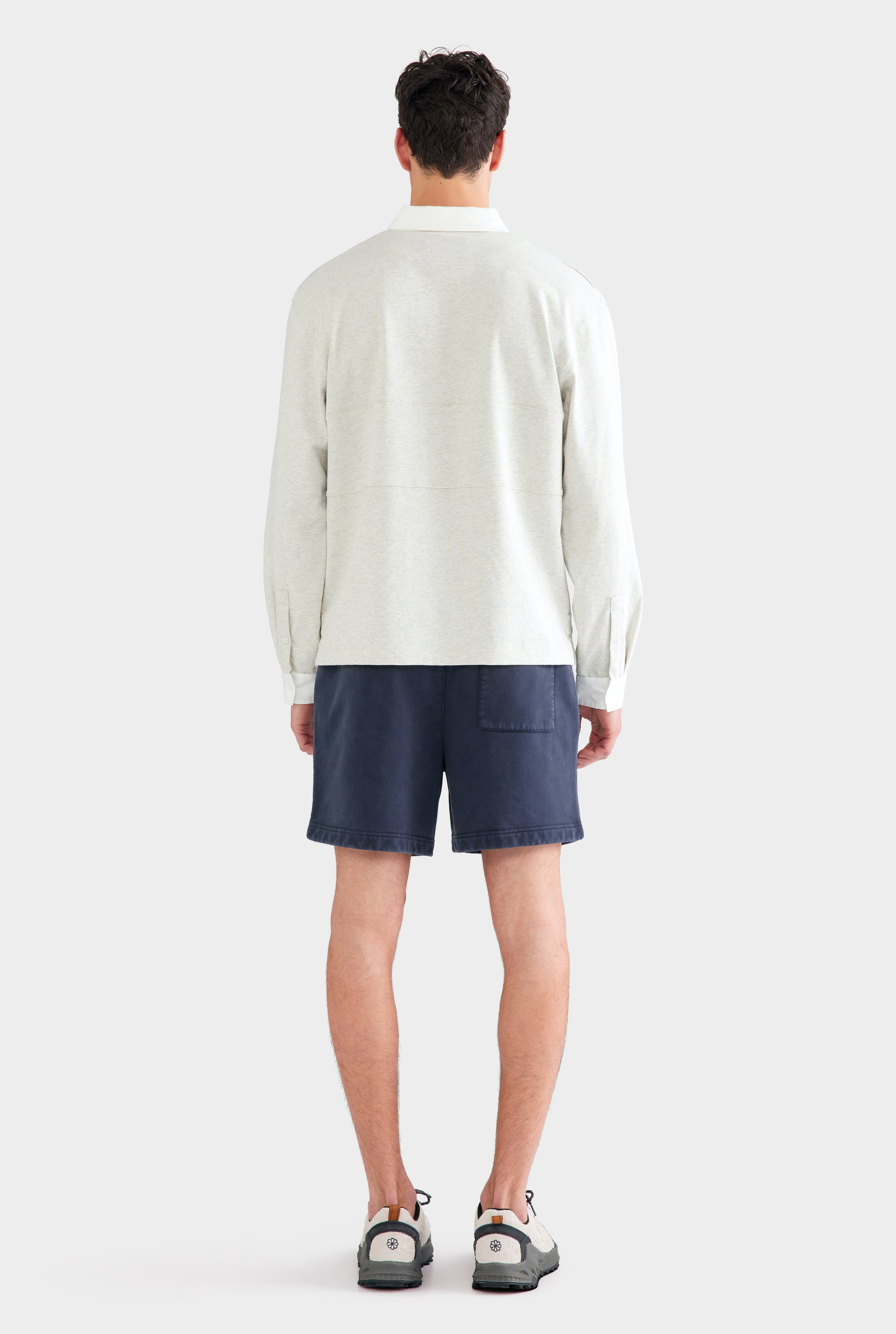 Cotton Long Sleeve Rugby Polo - Grey Marl/White