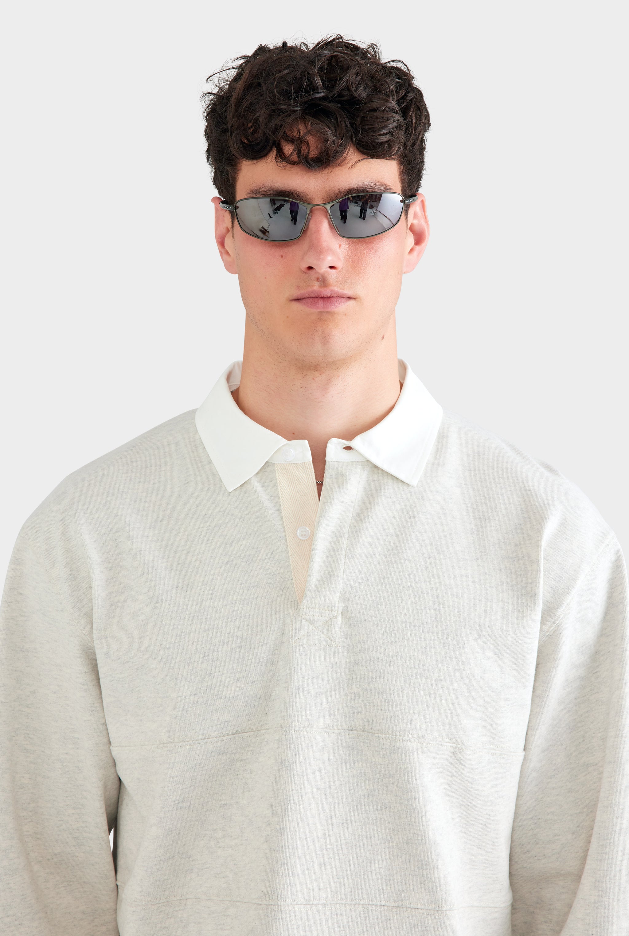 Cotton Long Sleeve Rugby Polo - Grey Marl/White