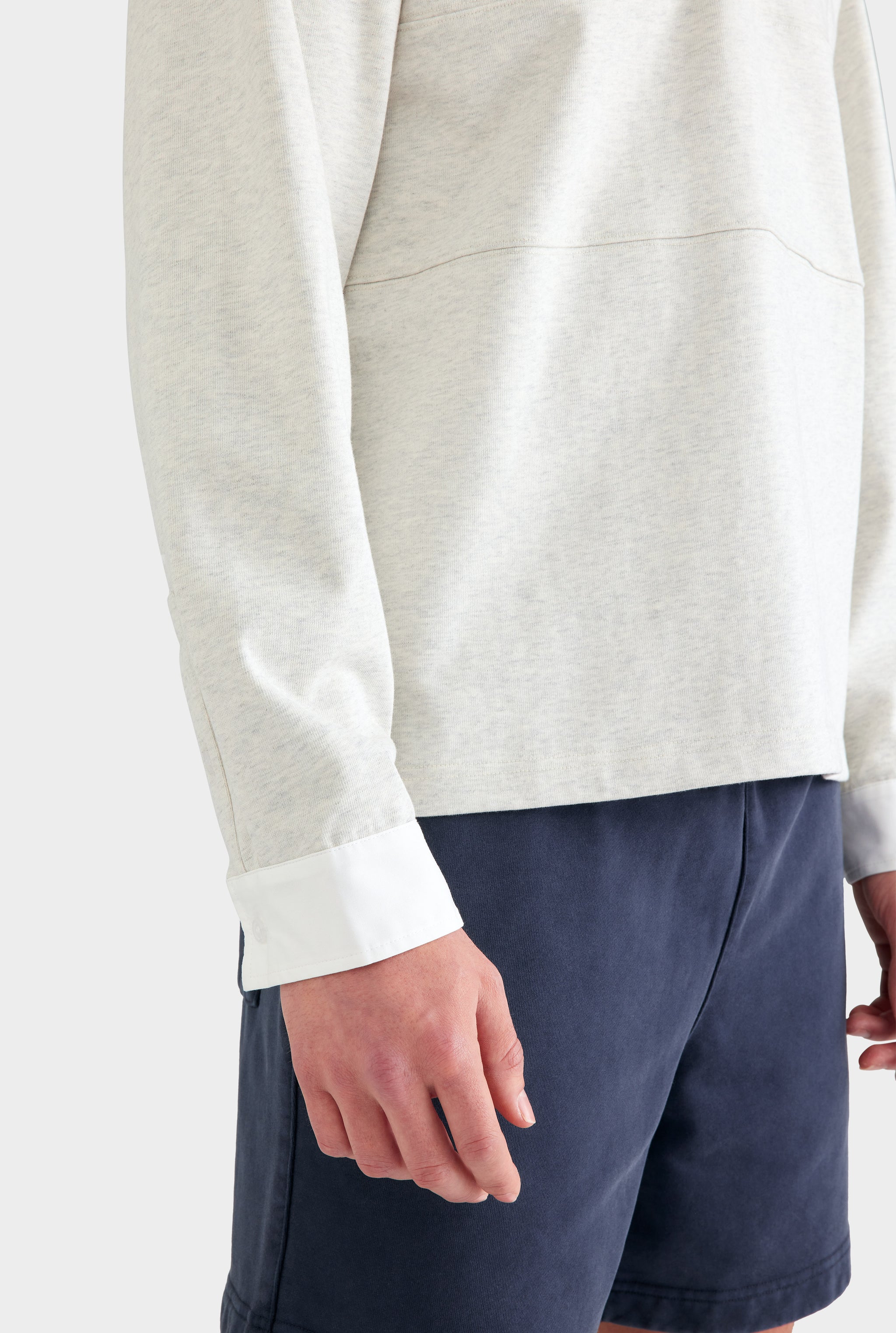 Cotton Long Sleeve Rugby Polo - Grey Marl/White