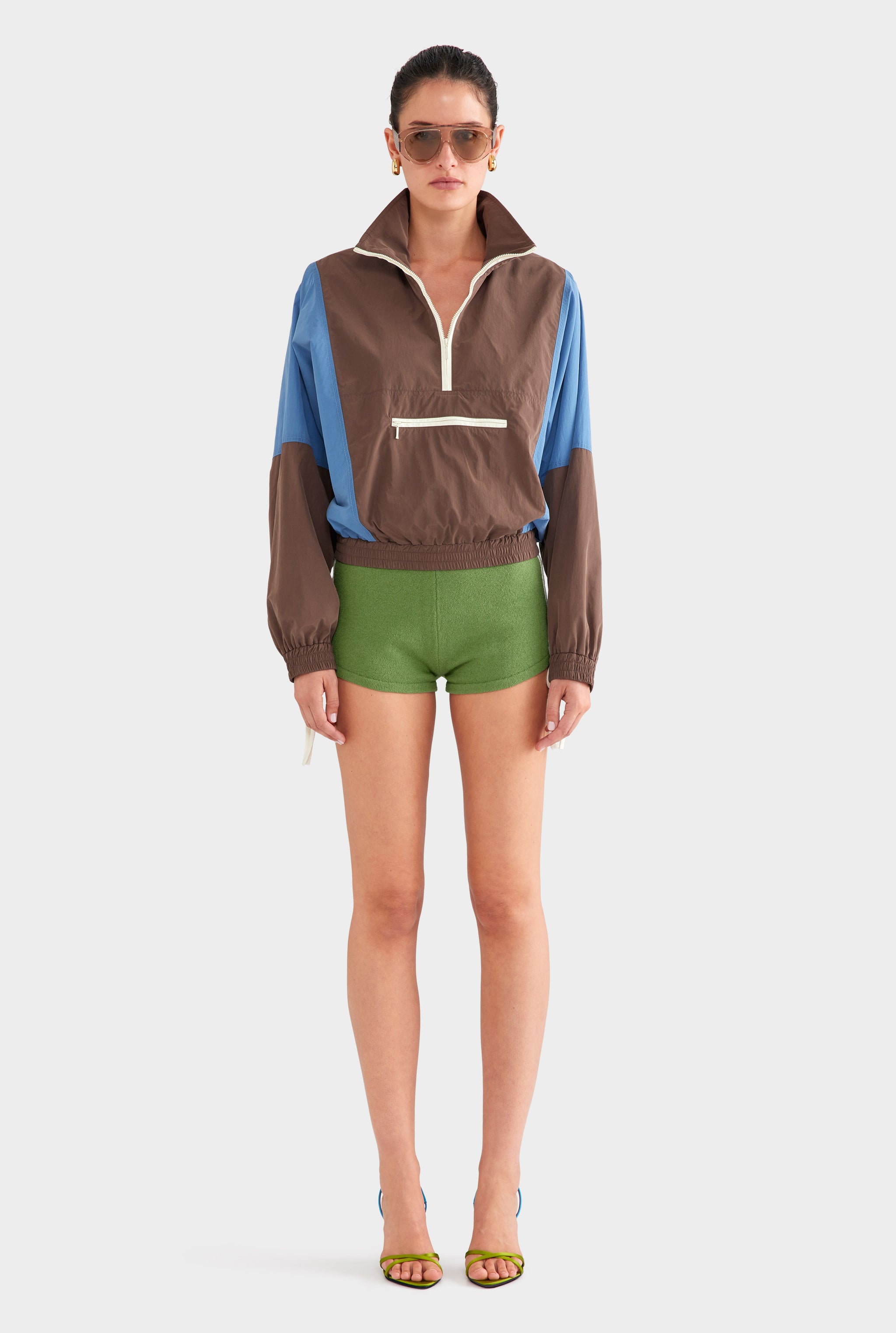 Cropped Nylon Windbreaker - Brown/Bright Blue