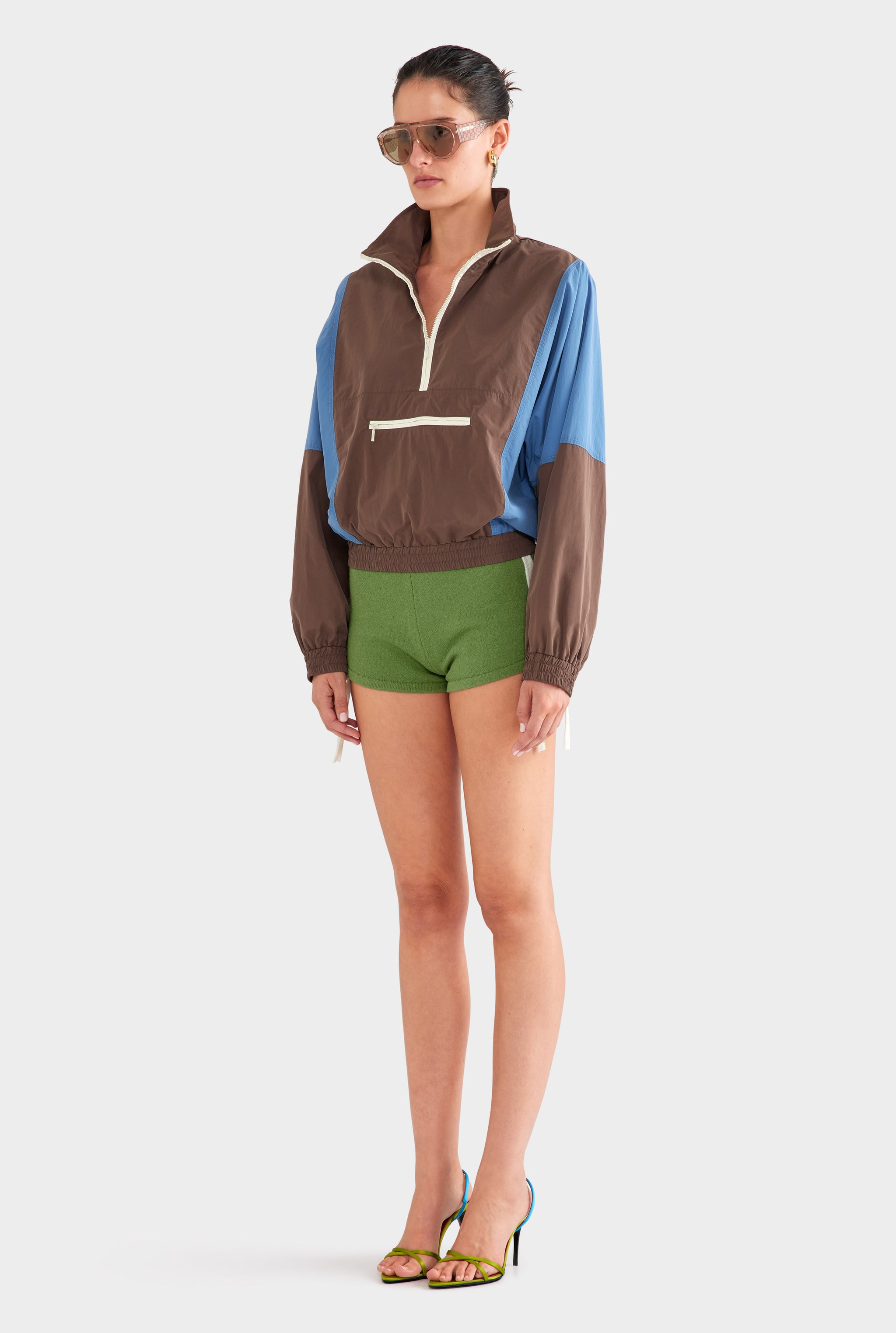 Cropped Nylon Windbreaker - Brown/Bright Blue
