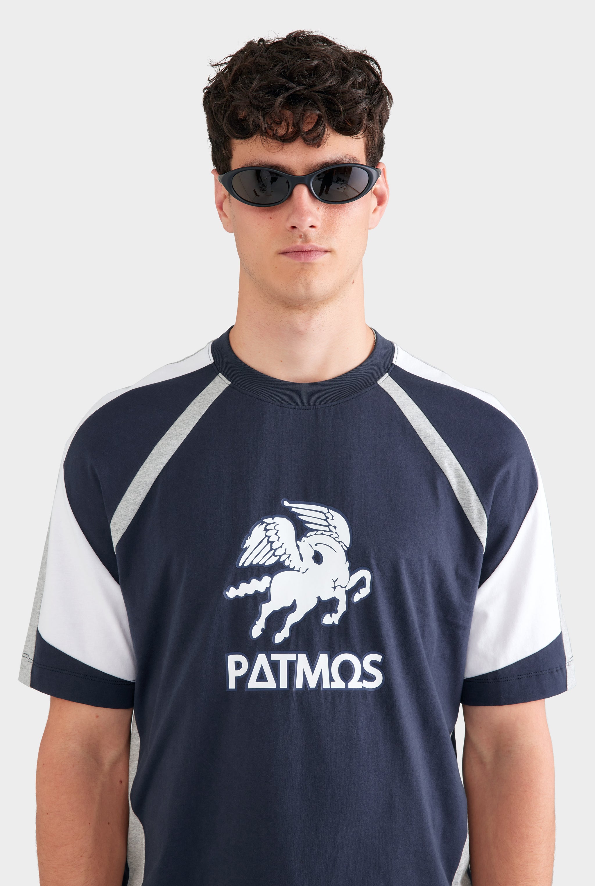 Oversized Panelled T Shirt - Navy/Grey Marl/White